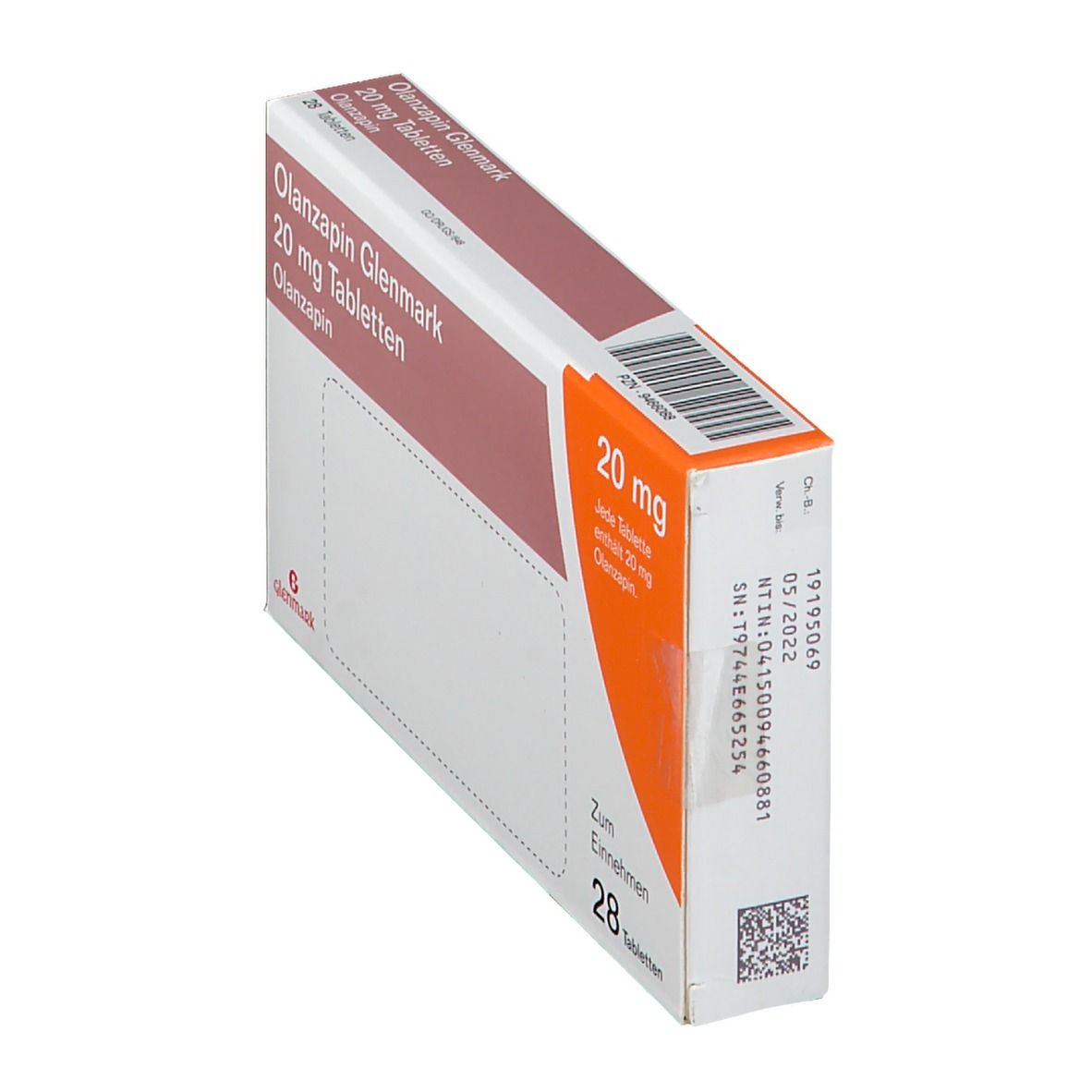Olanzapin Glenmark 20 mg Tabletten-Packung. Schachtel mit braunen und orangen Akzenten. Text: 20 mg, 28 Tabletten. Barcode.