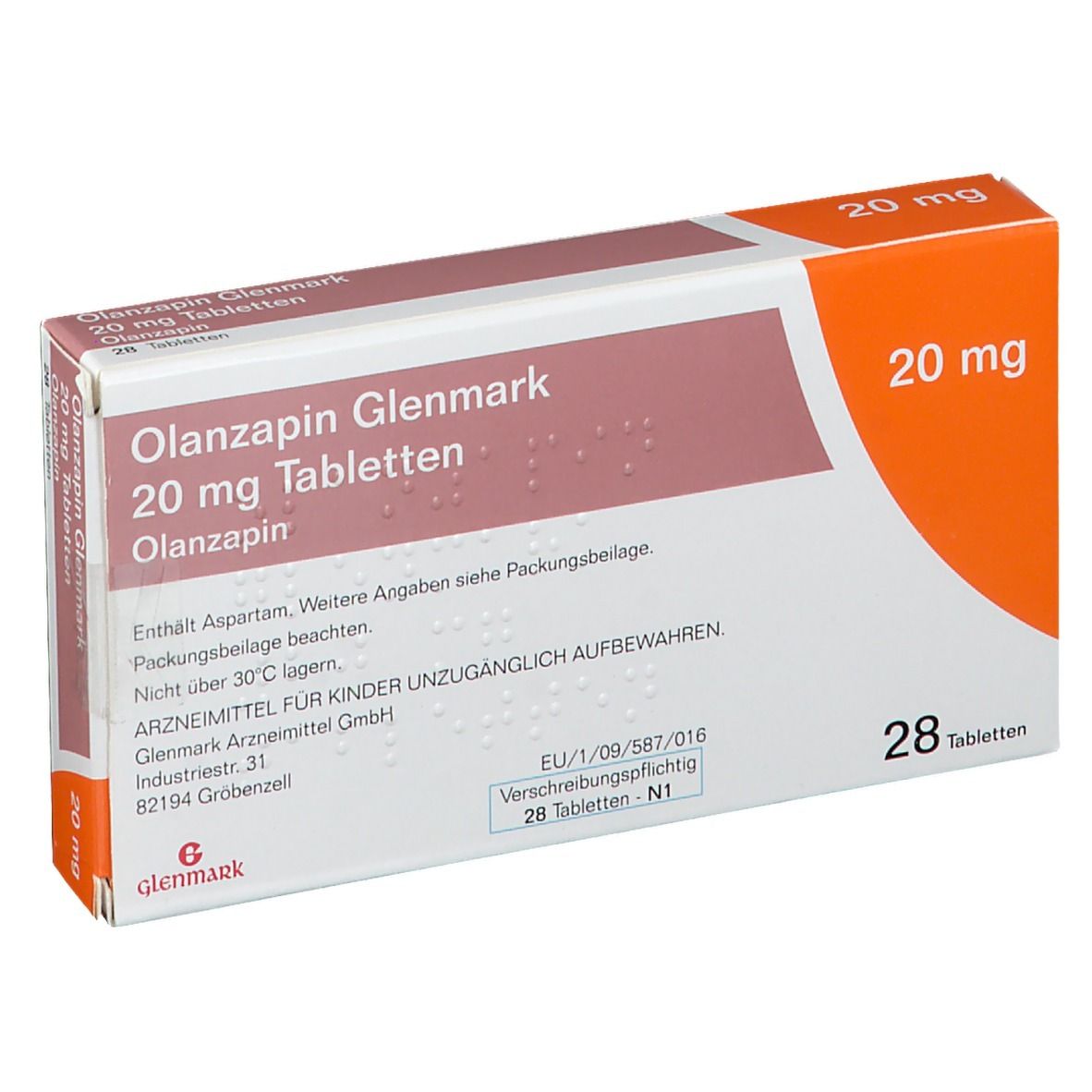 Olanzapin Glenmark 20 mg Tabletten-Packung. Weiße Schachtel mit braunen und orangen Akzenten. Text: 20 mg, 28 Tabletten. Warnhinweise.