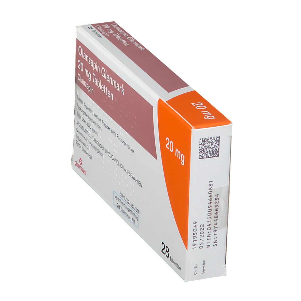 Olanzapin Glenmark 20 mg Tabletten-Packung. Schachtel mit braunen und orangen Akzenten. Text: 20 mg, 28 Tabletten. Barcode.