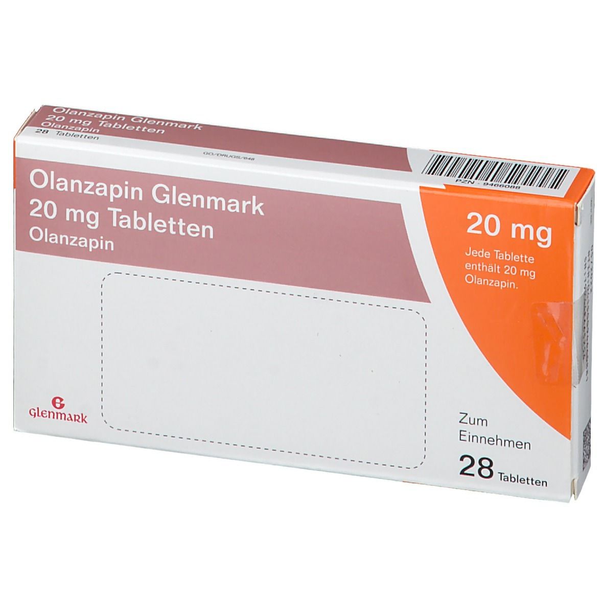 Olanzapin Glenmark 20 mg Tabletten-Packung. Weiße Schachtel mit braunen und orangen Akzenten. Text: 20 mg, 28 Tabletten.