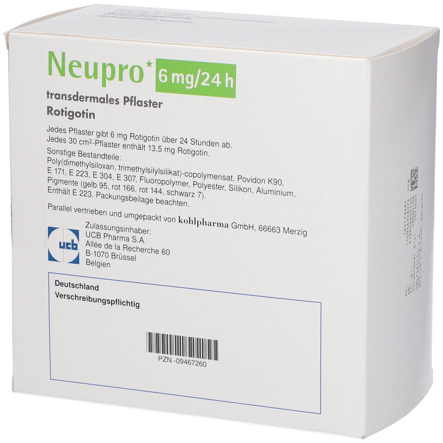 Rückseite der weißen Schachtel mit Text. Enthält Informationen zu Inhaltsstoffen und Hersteller.