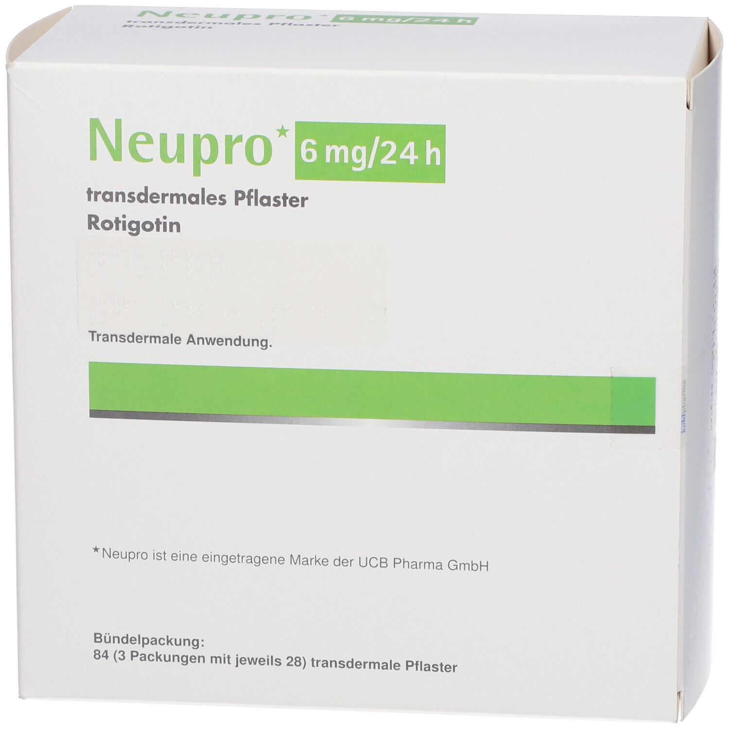 Weiße Schachtel mit grünem Streifen und Aufschrift Neupro 6 mg/24 h. Transdermales Pflaster, Rotigotin.