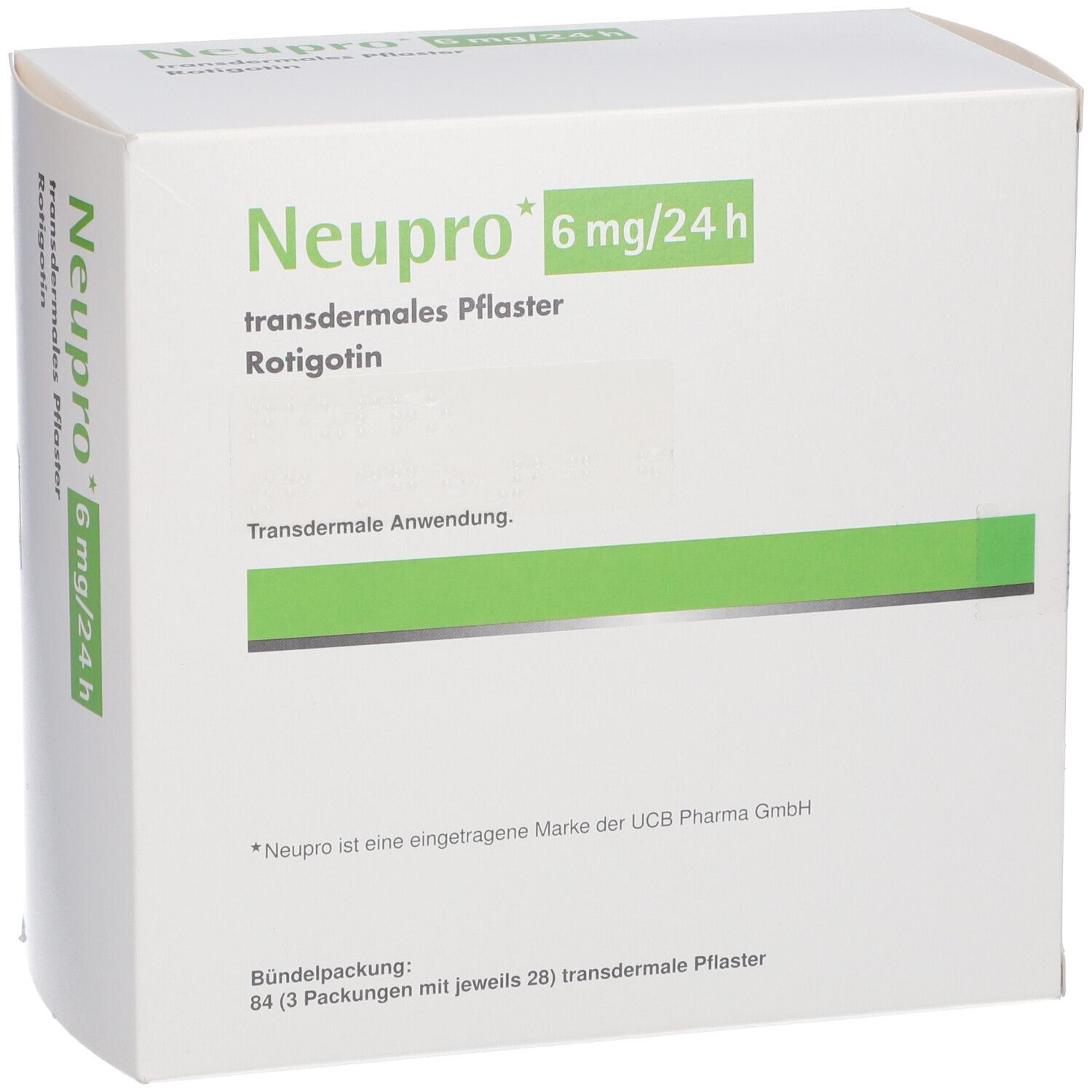 Weiße Schachtel mit grünem Streifen und Aufschrift Neupro 6 mg/24 h. Transdermales Pflaster, Rotigotin.
