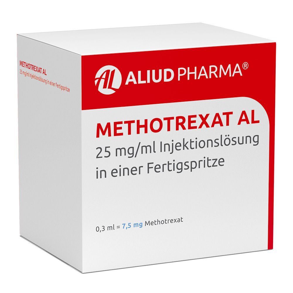 Weißer Karton mit roter Fläche. Aufschrift: METHOTREXAT AL, 25 mg/ml Injektionslösung in Fertigspritze. Logo: AL, ALIUD PHARMA.