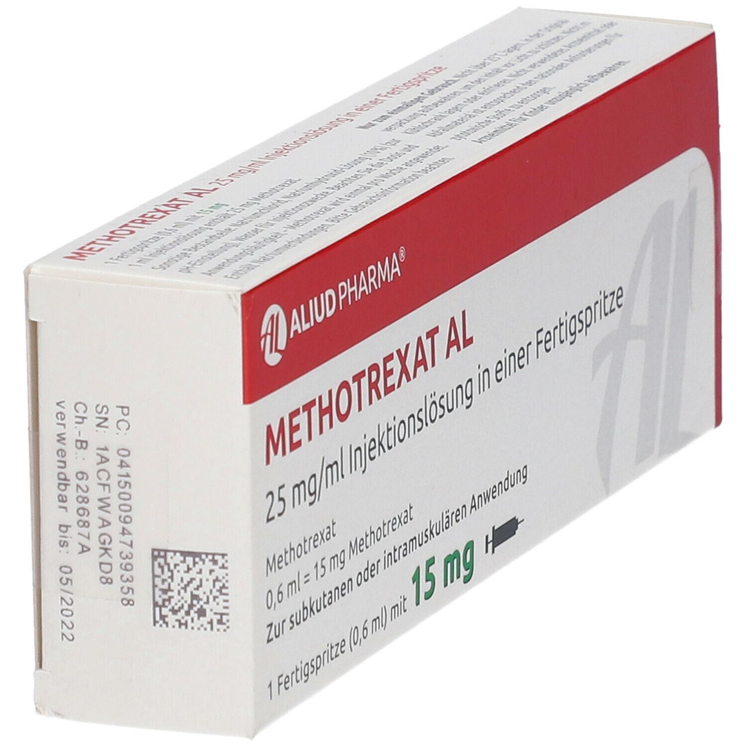 Schachtel von Methotrexat AL 25 mg/ml. Rote und weiße Verpackung mit Produktinformationen und Barcode. Fertigspritze abgebildet.