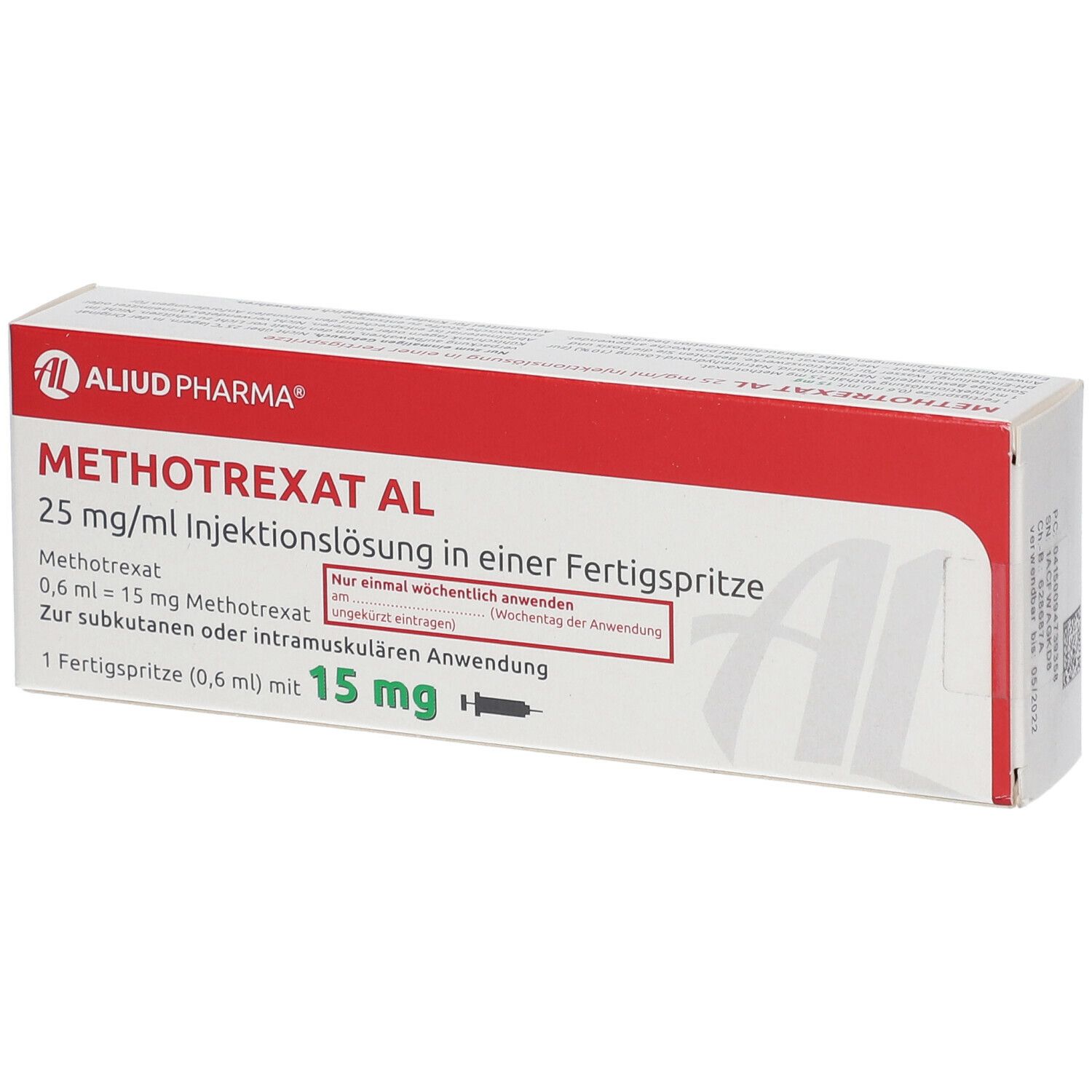Verpackung von Methotrexat AL 25 mg/ml. Rote und weiße Schachtel mit Produktnamen und Dosierung. Fertigspritze abgebildet.