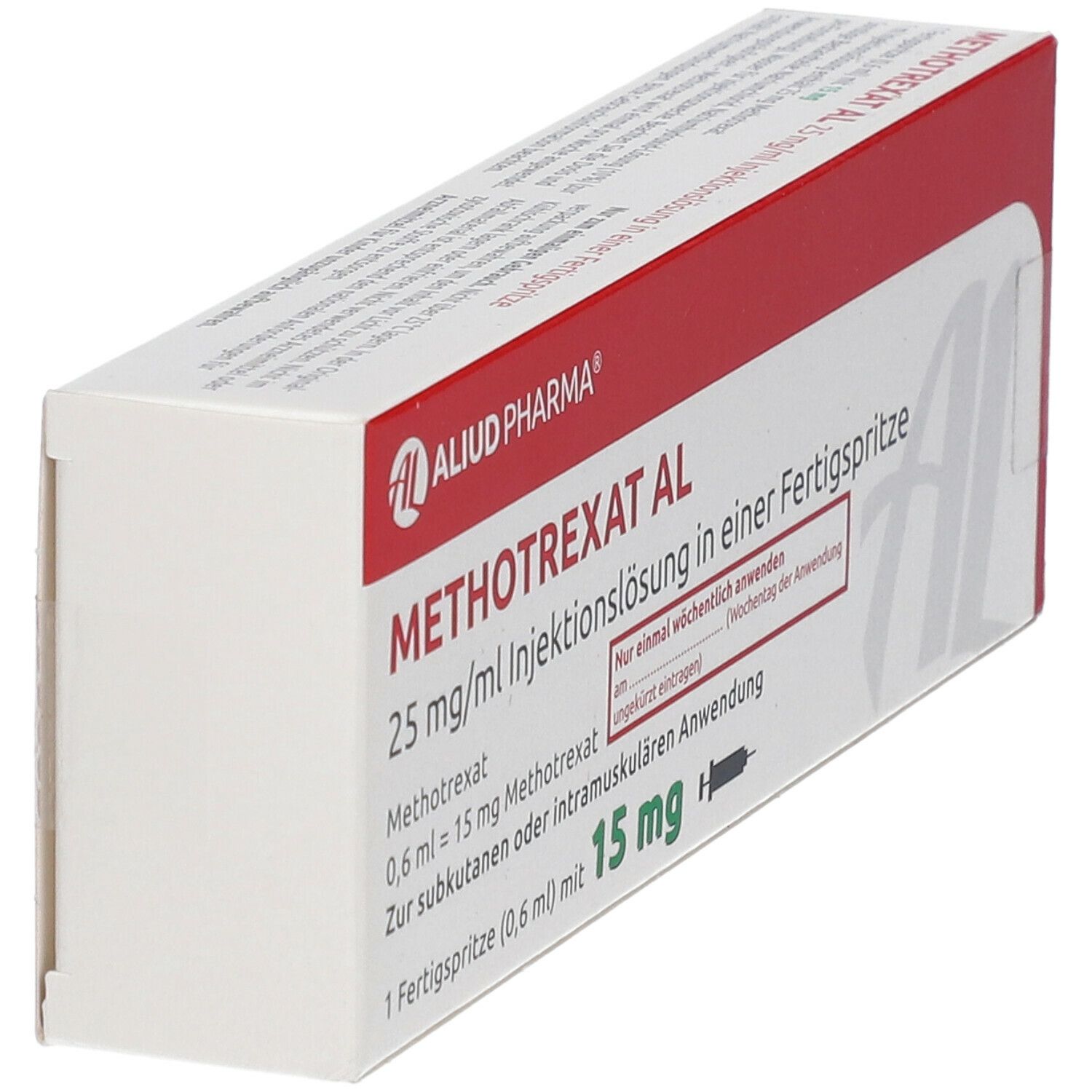 Schachtel von Methotrexat AL 25 mg/ml. Rote und weiße Verpackung mit Produktinformationen. Fertigspritze abgebildet.