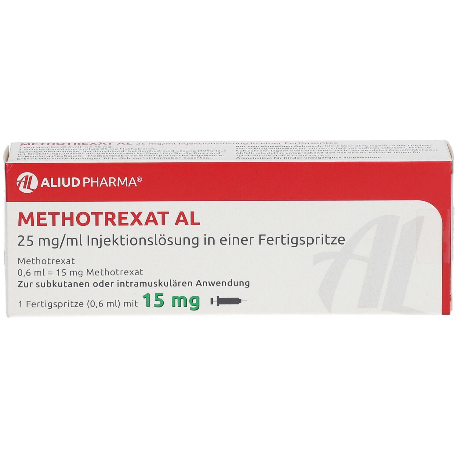 Verpackung von Methotrexat AL 25 mg/ml. Rote und weiße Schachtel mit Produktnamen und Dosierung. Fertigspritze abgebildet.