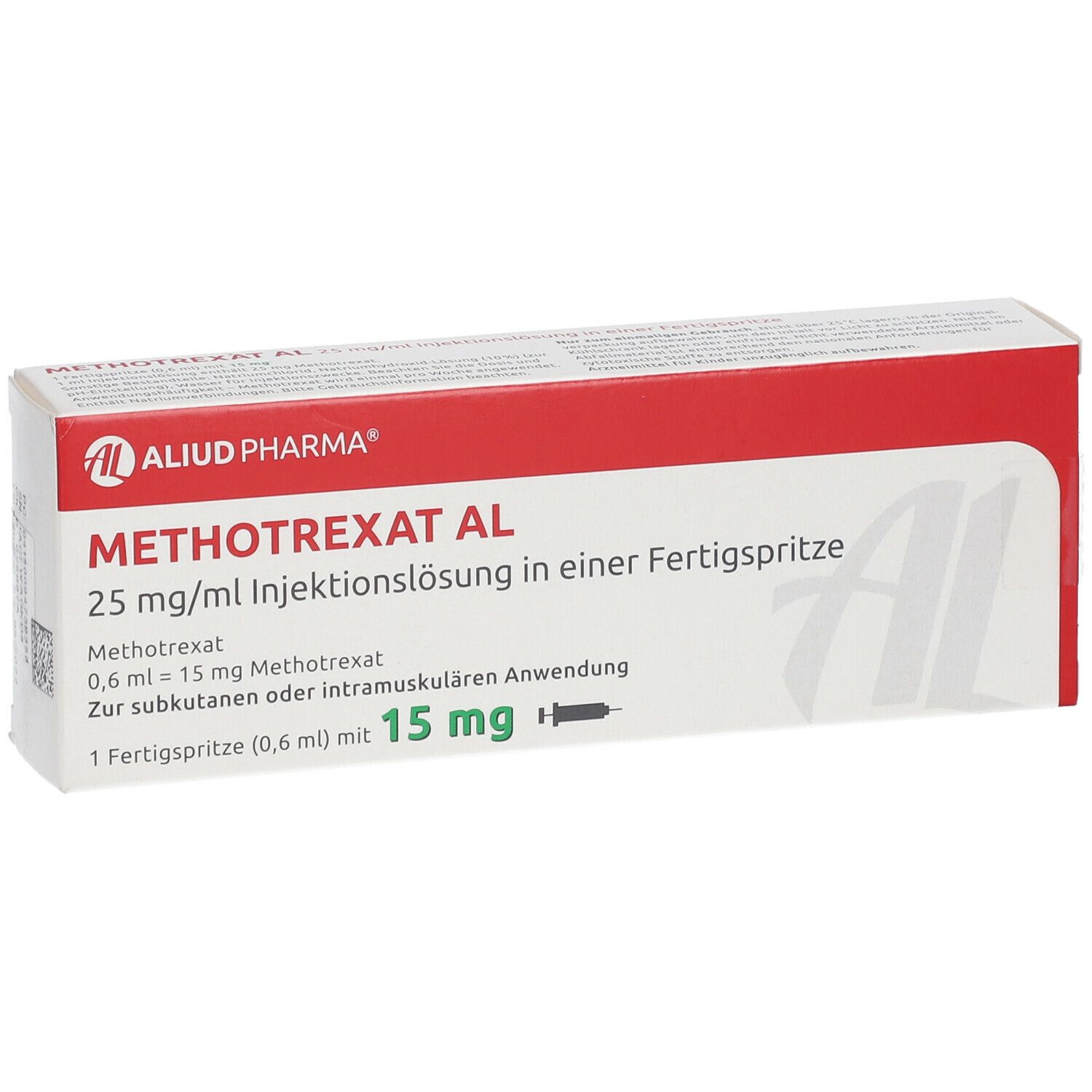 Verpackung von Methotrexat AL 25 mg/ml. Rote und weiße Schachtel mit Produktnamen und Dosierung. Fertigspritze abgebildet.