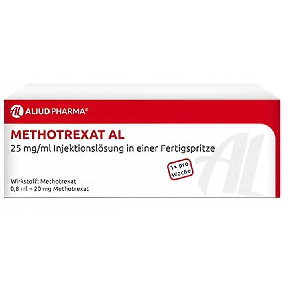 Weiße Verpackung mit rotem Streifen. Aufschrift: METHOTREXAT AL, 25 mg/ml Injektionslösung. Logo von ALIUD PHARMA. Hinweis: 1x pro Woche.