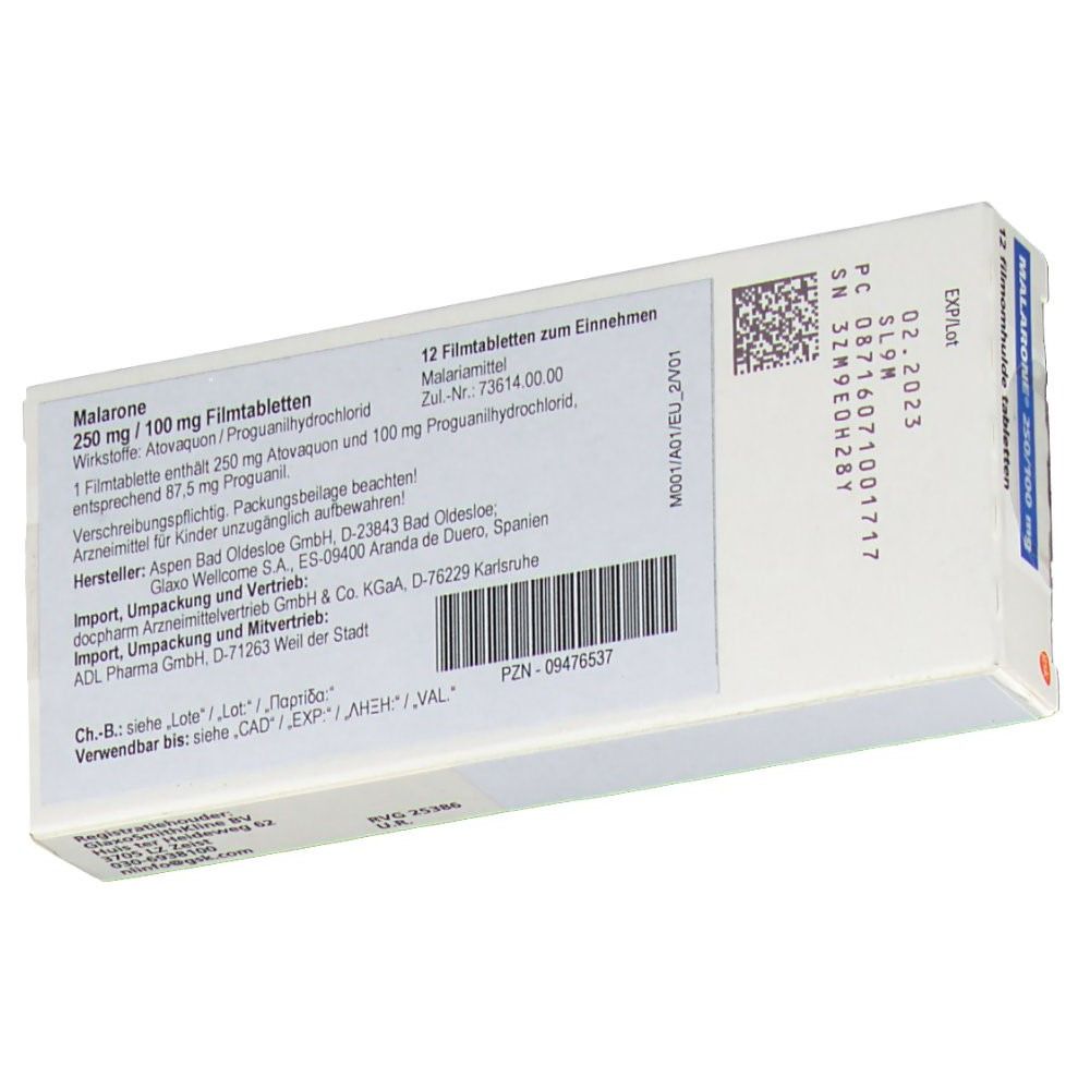 Rückseite der MALARONE®-Packung. Enthält Informationen zu Inhaltsstoffen, Dosierung und Hersteller. Barcode und Verfallsdatum sichtbar.