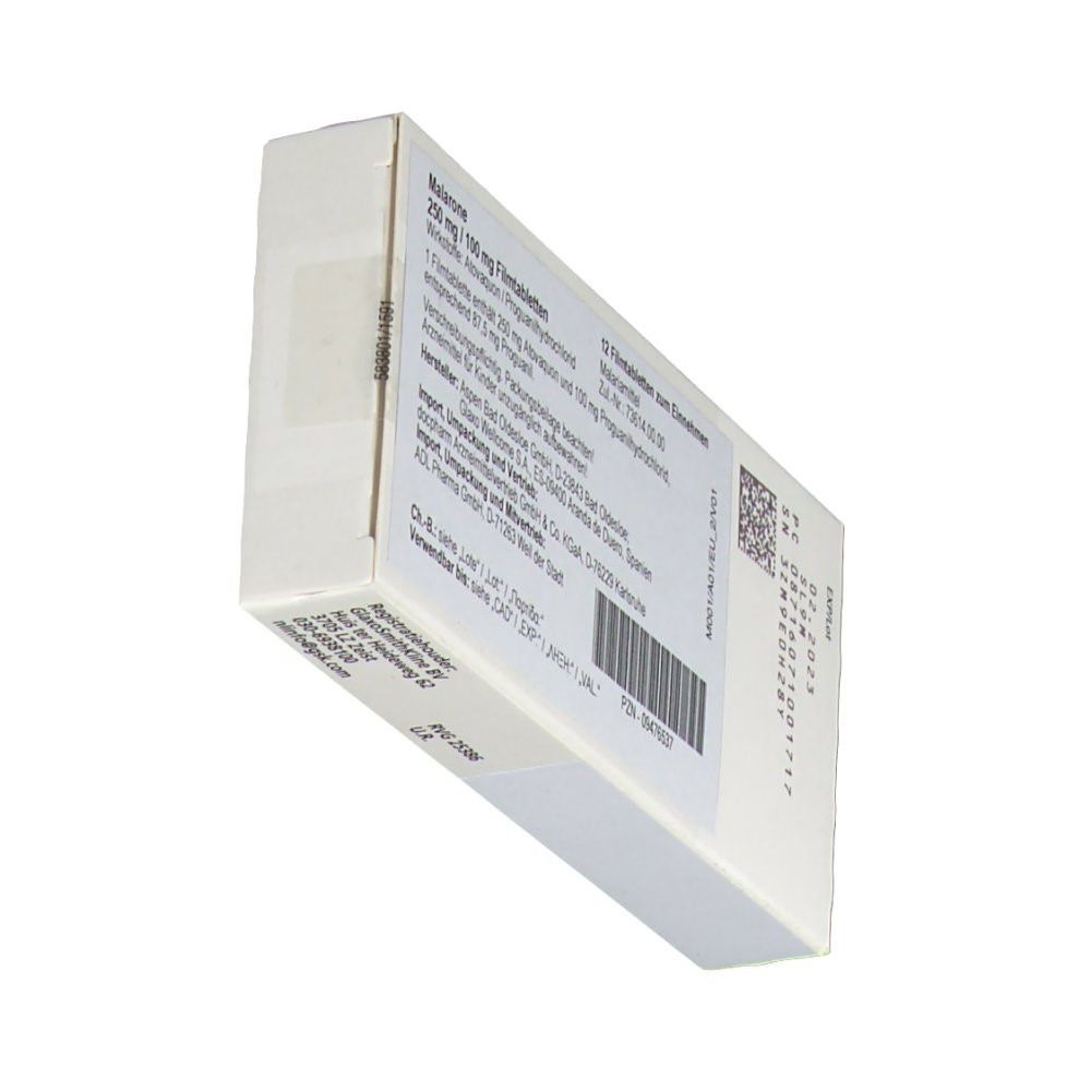 Seitenansicht der MALARONE®-Packung. Informationen und Barcode auf weißem Karton. Perspektivische Ansicht.