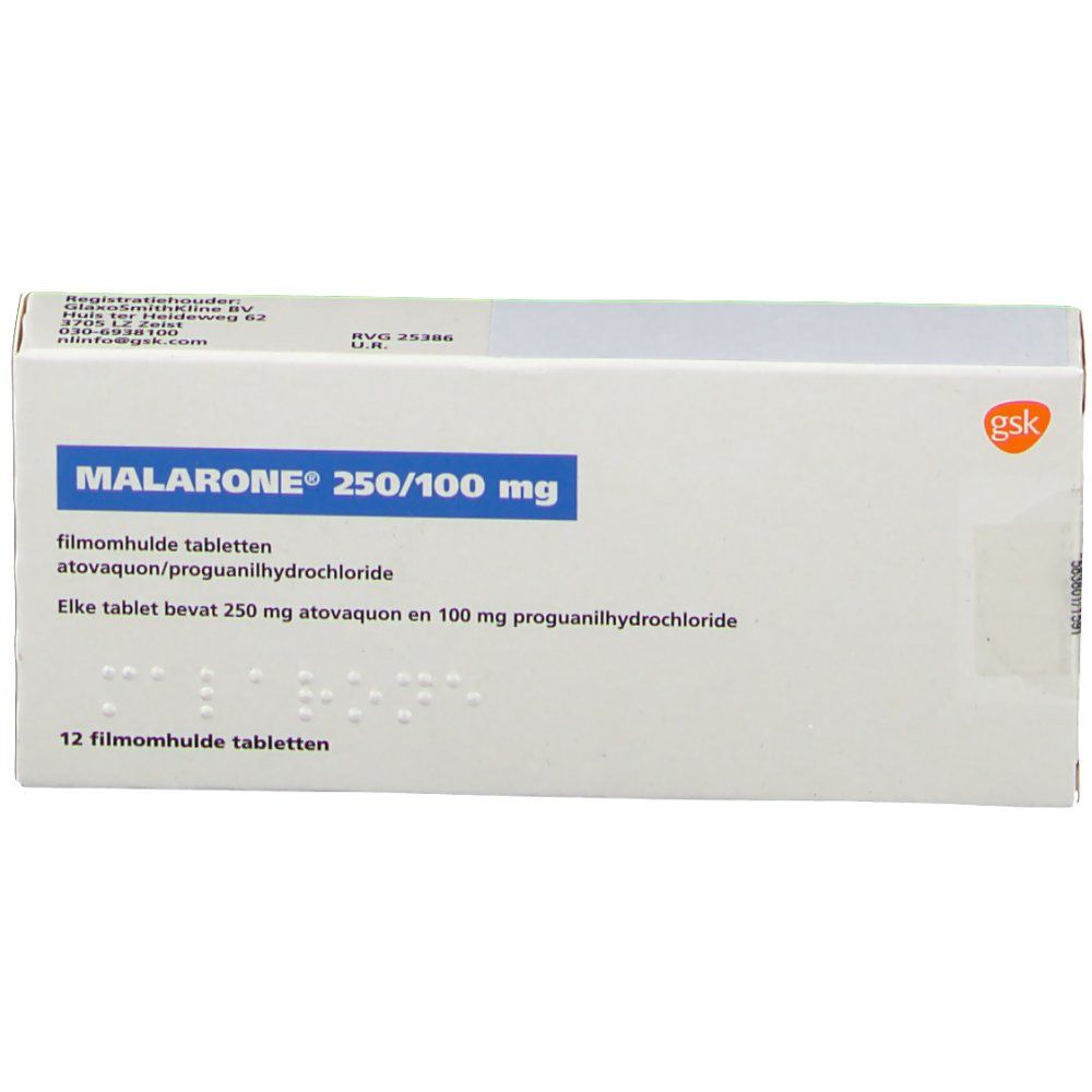 MALARONE® 250/100 mg-Packung. Blaue Schrift auf weißem Karton. Enthält 12 Filmtabletten. GSK-Logo rechts oben.
