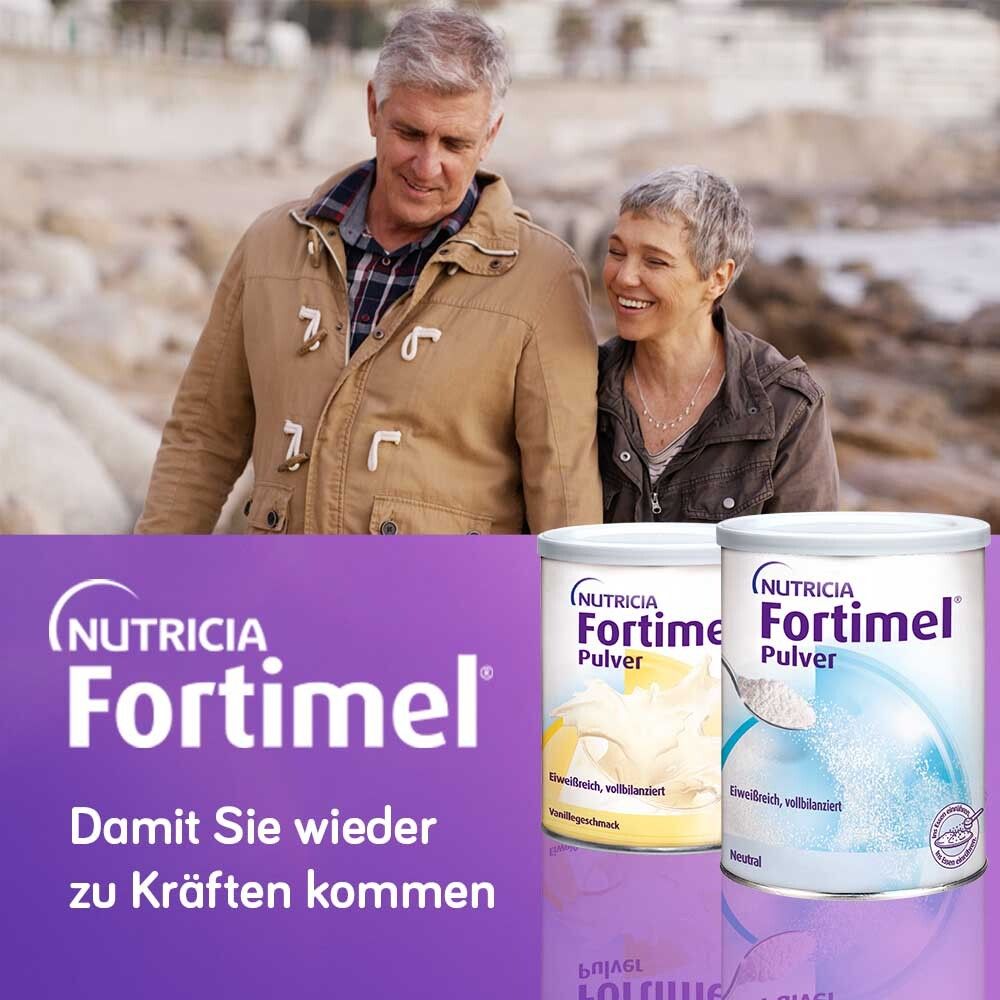 Werbung mit älterem Ehepaar. Im Hintergrund zwei Dosen Fortimel Pulver. Text: Damit Sie wieder zu Kräften kommen.