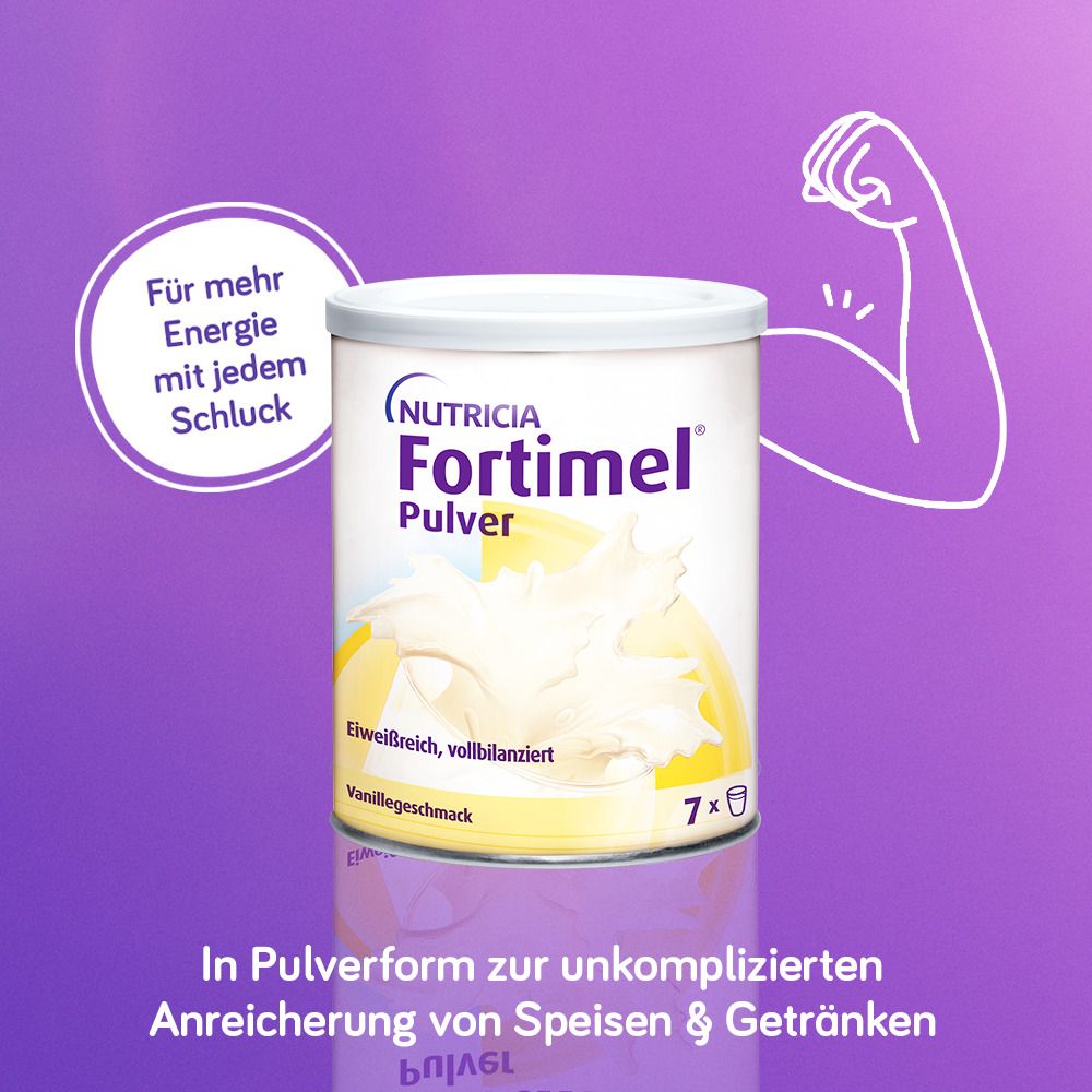 Fortimel Pulver Dose mit Text und Illustration. Text: In Pulverform zur unkomplizierten Anreicherung von Speisen & Getränken.