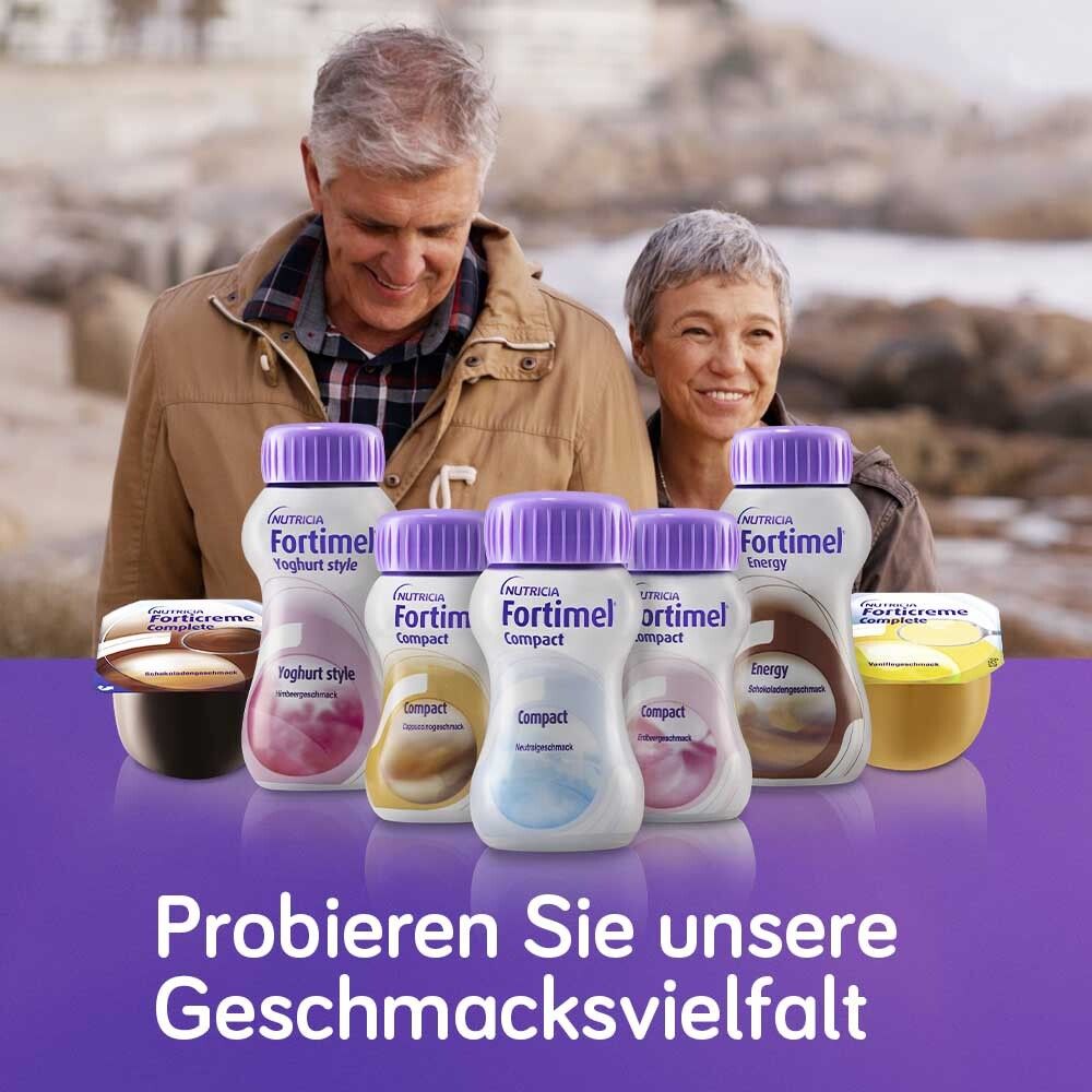 Werbung mit älterem Ehepaar und verschiedenen Fortimel Produkten. Text: Probieren Sie unsere Geschmacksvielfalt.
