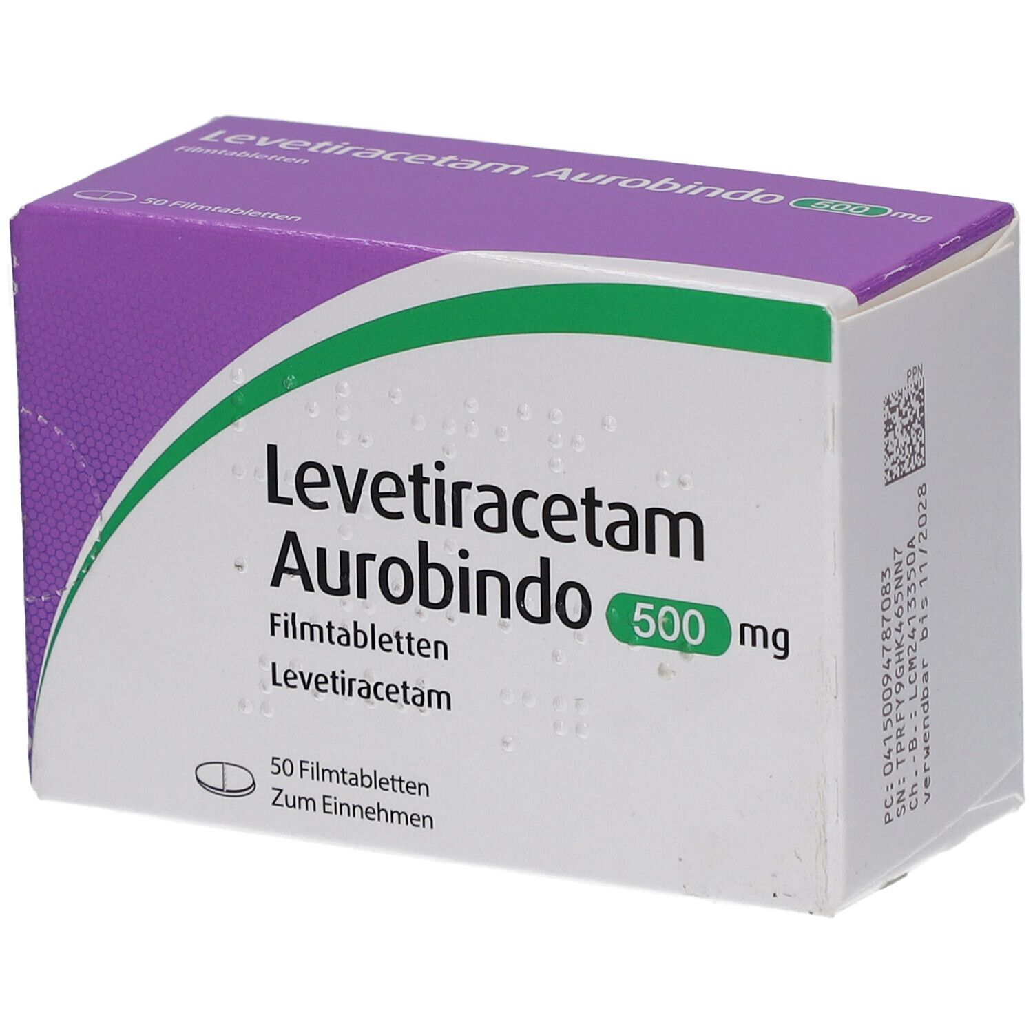 Schachtel Levetiracetam Aurobindo 500 mg. 50 Filmtabletten. Lila und weiß. Grüne Akzente.