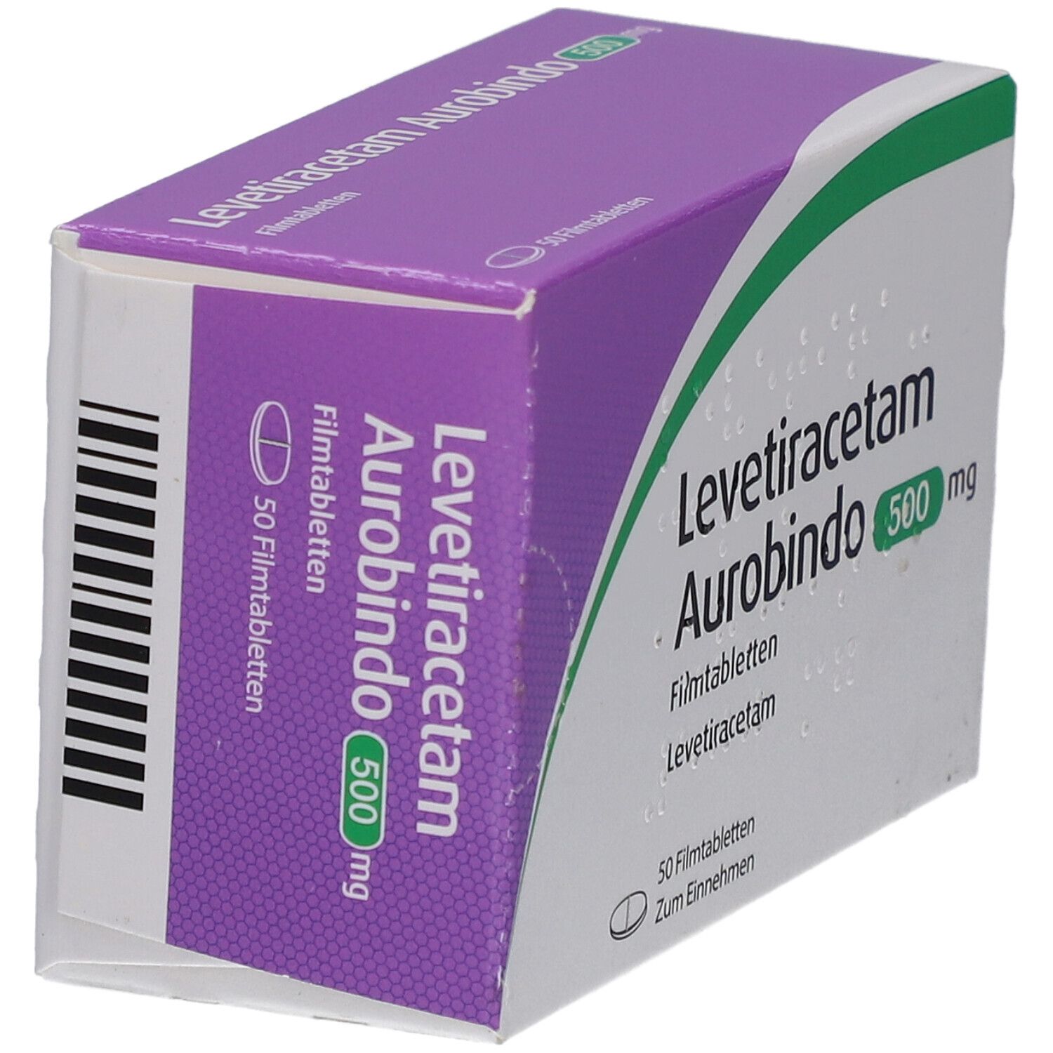 Schachtel Levetiracetam Aurobindo 500 mg. 50 Filmtabletten. Lila und weiß. Grüne Akzente. Seitenansicht.