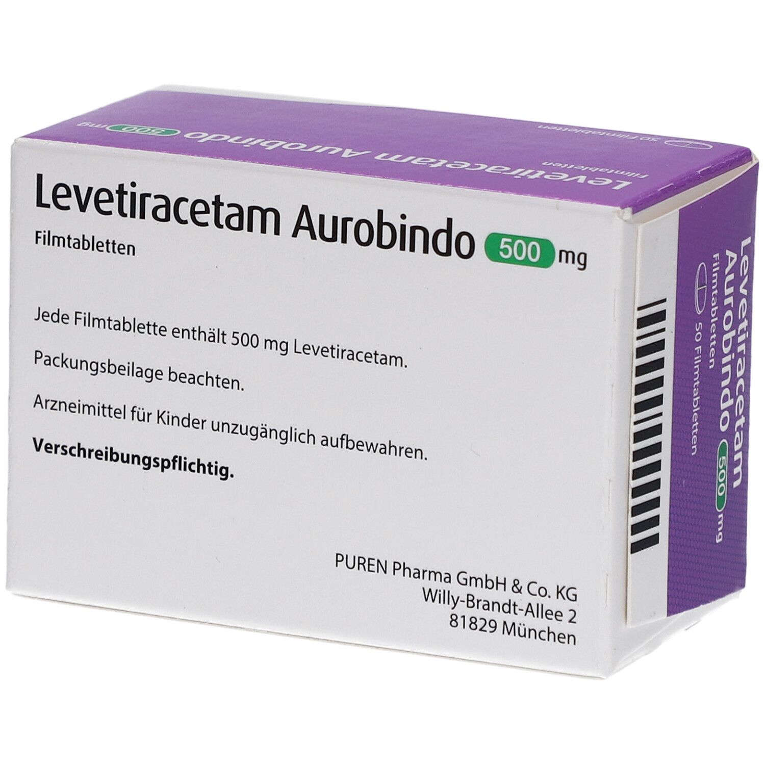 Schachtel Levetiracetam Aurobindo 500 mg. 50 Filmtabletten. Text: Packungsbeilage beachten. PUREN Pharma GmbH.