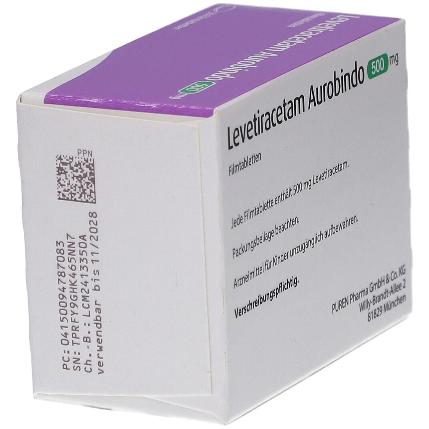Schachtel Levetiracetam Aurobindo 500 mg. 50 Filmtabletten. Rückseite mit Text und Barcode. Haltbarkeit bis 11/2028.
