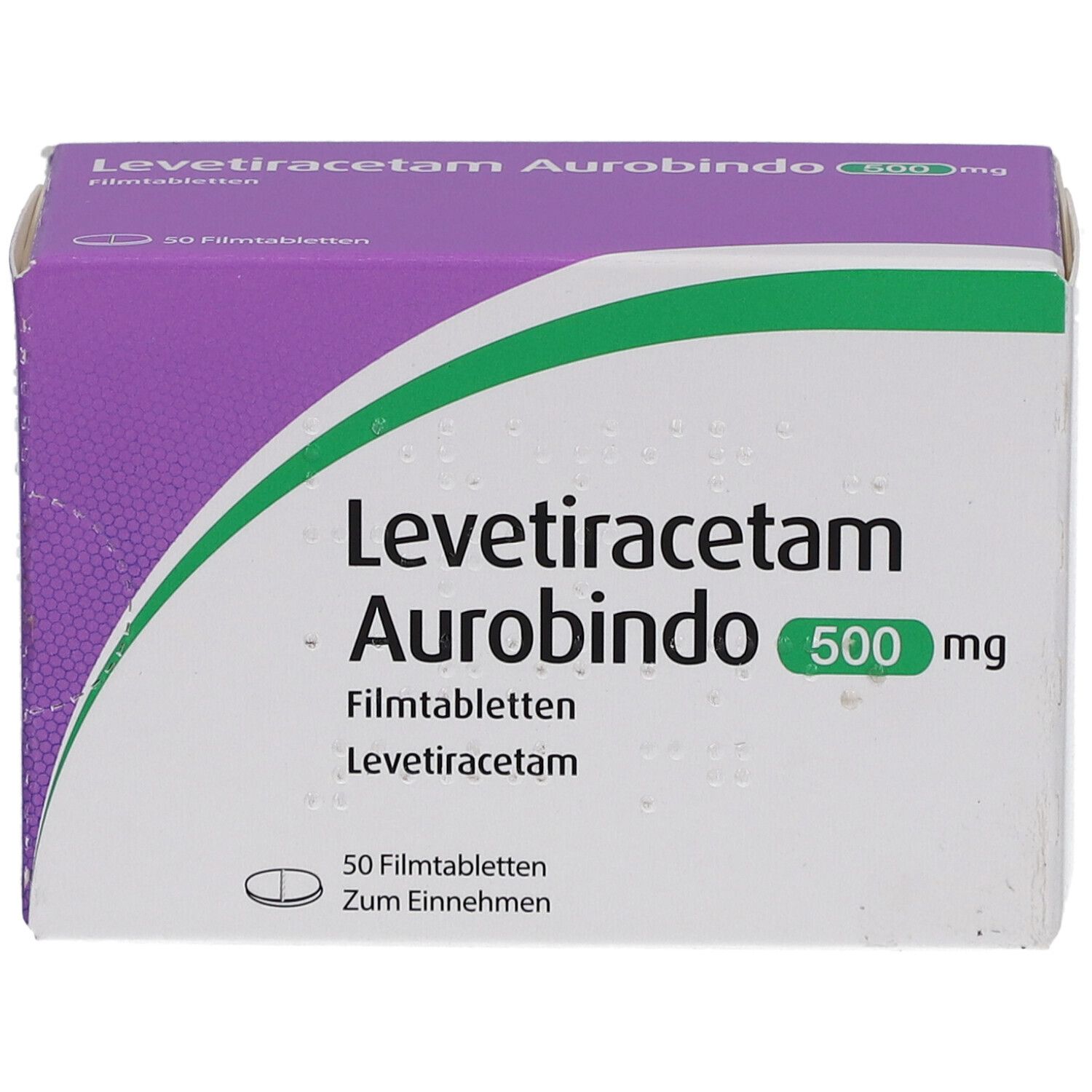 Schachtel Levetiracetam Aurobindo 500 mg. 50 Filmtabletten. Lila und weiß. Grüne Akzente. Draufsicht.