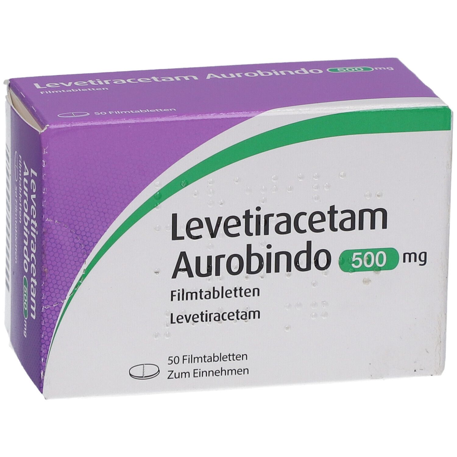 Schachtel Levetiracetam Aurobindo 500 mg. 50 Filmtabletten. Lila und weiß. Grüne Akzente. Draufsicht.