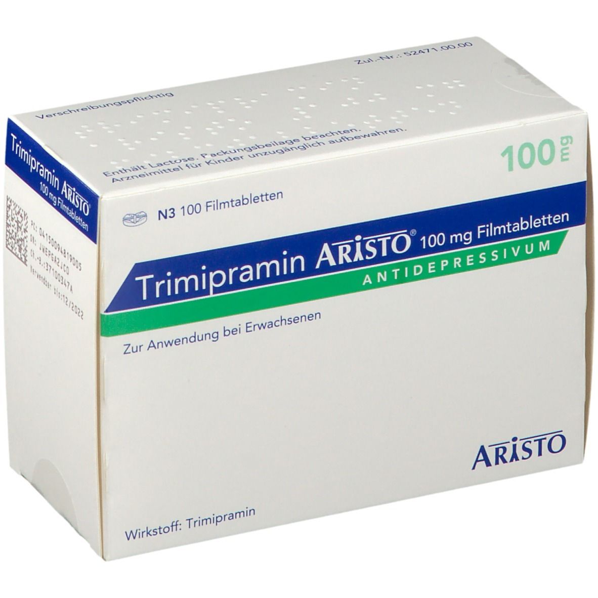 Schachtel mit Trimipramin Aristo® 100 mg Filmtabletten. Aufschrift: Antidepressivum. Grün-weiße Verpackung mit Logo.