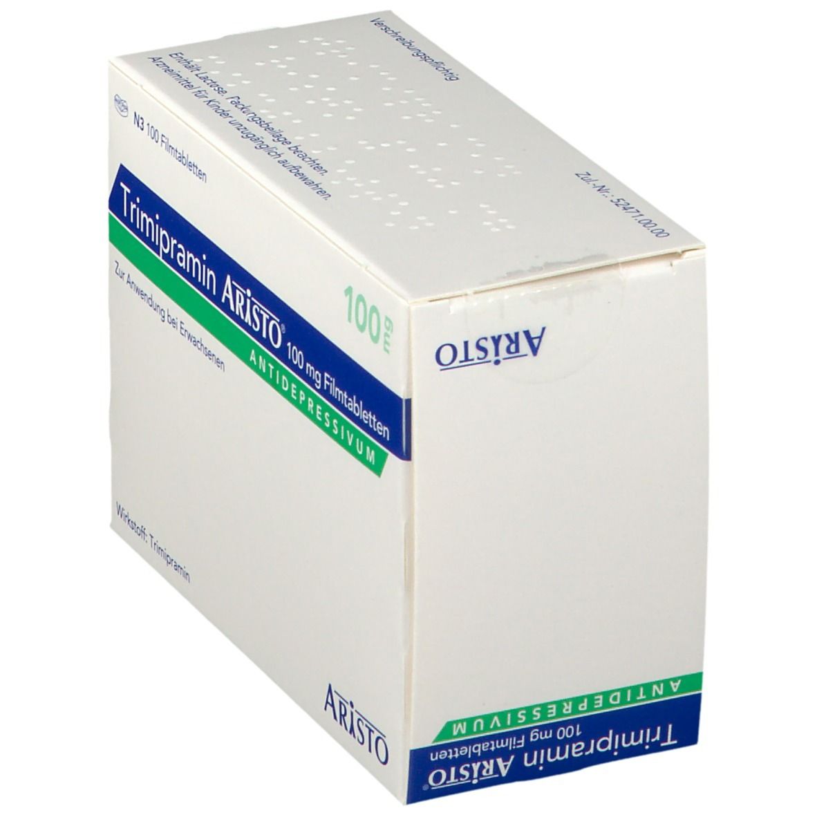 Schachtel Trimipramin Aristo® 100 mg Filmtabletten. Weiß mit grünen Akzenten. Logo und Produktbezeichnung deutlich sichtbar.