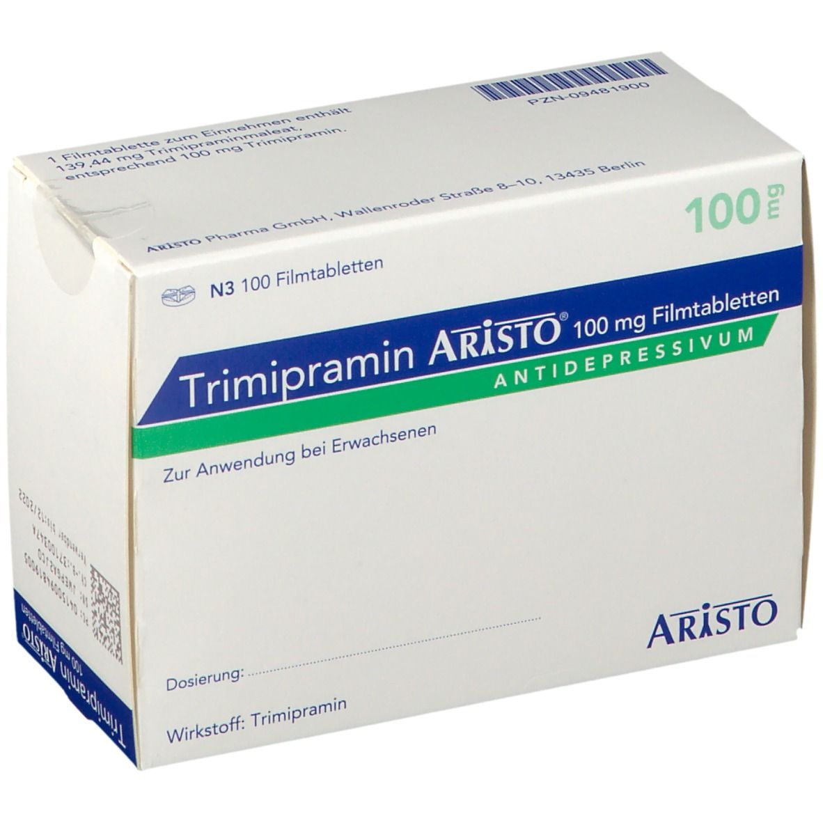 Verpackung von Trimipramin Aristo® 100 mg Filmtabletten. Weiß mit grünen und blauen Elementen. Produktname und Logo.