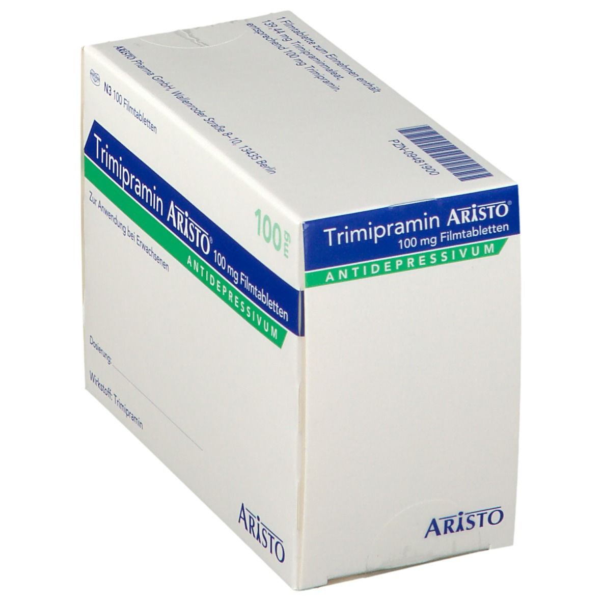 Schachtel Trimipramin Aristo® 100 mg Filmtabletten. Weiß mit grünen und blauen Akzenten. Logo und Produktbezeichnung.