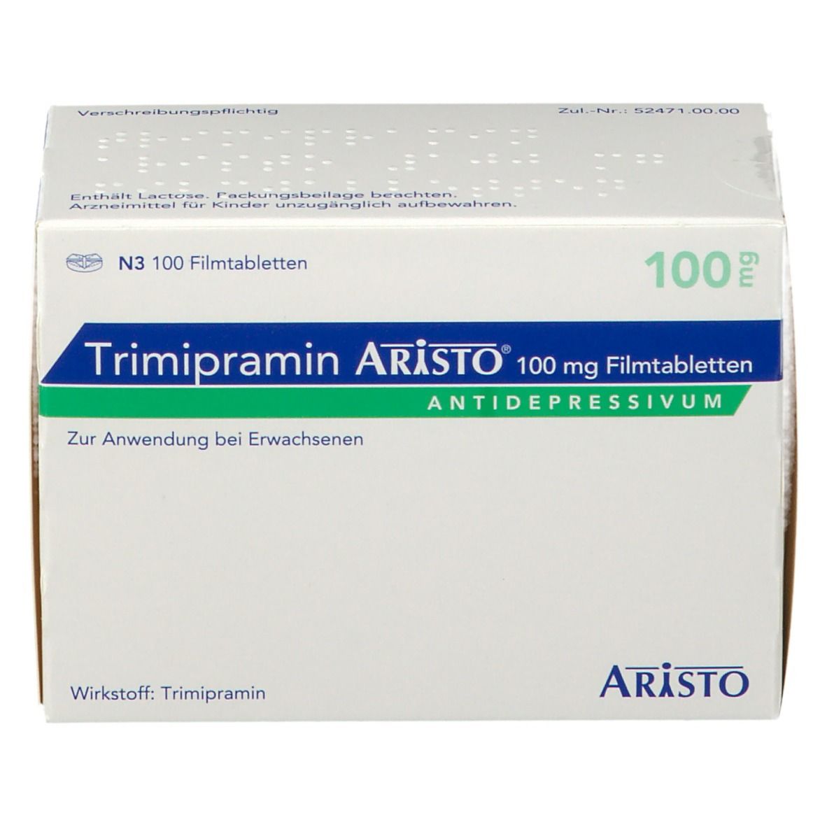 Verpackung von Trimipramin Aristo® 100 mg Filmtabletten. Weiß mit grünen Akzenten. Produktname und Logo deutlich sichtbar.