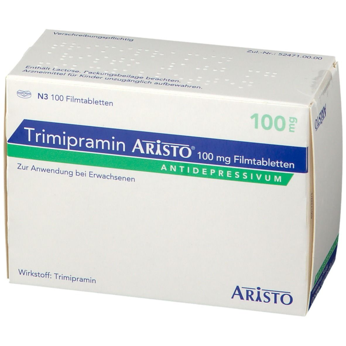 Schachtel Trimipramin Aristo® 100 mg Filmtabletten. Weiß mit grünen Akzenten. Produktname und Logo deutlich sichtbar.