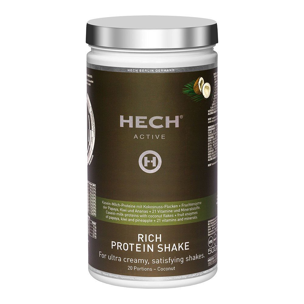 Zylinderförmige Dose mit silbernem Deckel. Aufschrift: HECH ACTIVE RICH PROTEIN SHAKE. Kokosnuss-Illustration.