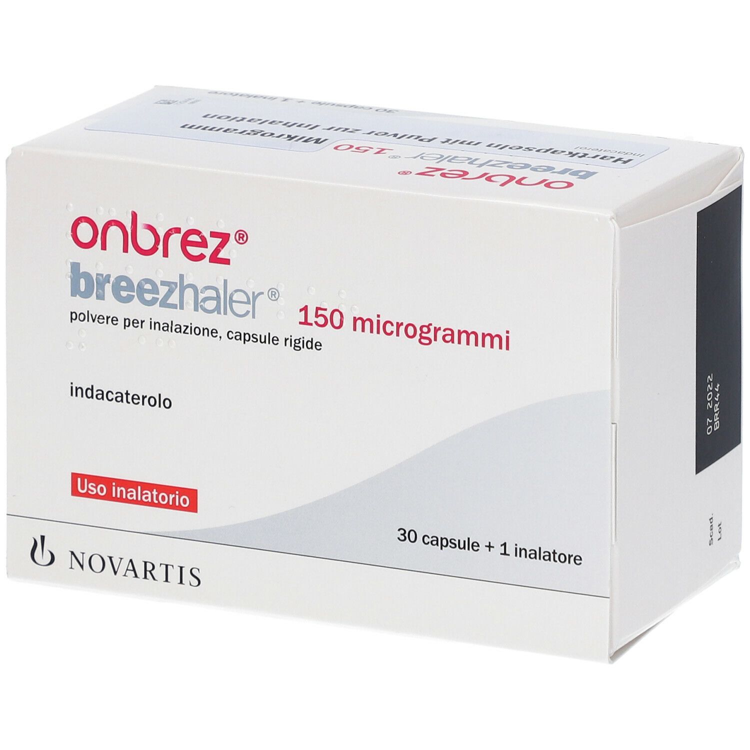 Schachtel mit Produktnamen und Dosierung. Aufschrift: Onbrez Breezhaler 150 Mikrogramm. Enthält 30 Kapseln + 1 Inhalator.