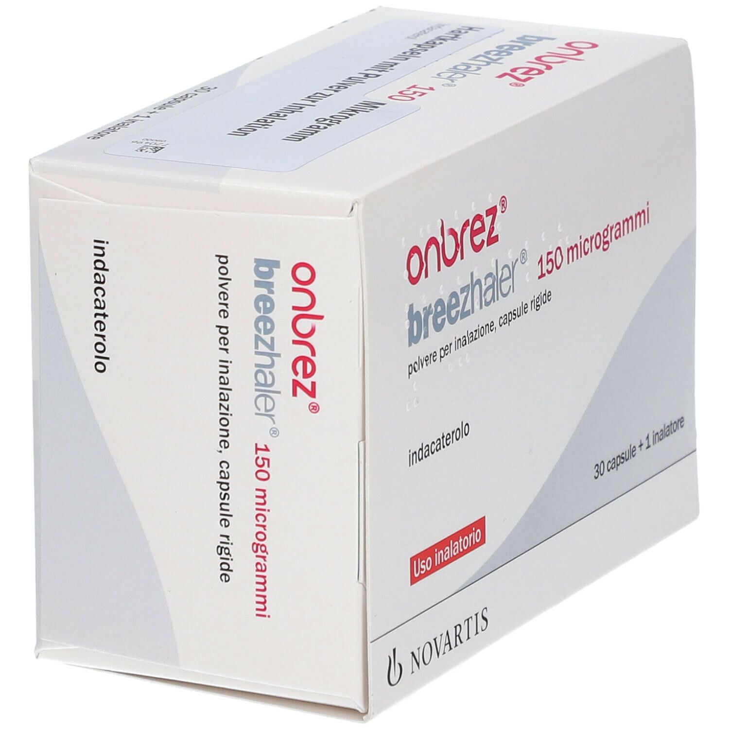 Schachtel mit Produktnamen und Dosierung. Aufschrift: Onbrez Breezhaler 150 Mikrogramm. Enthält 30 Kapseln + 1 Inhalator.
