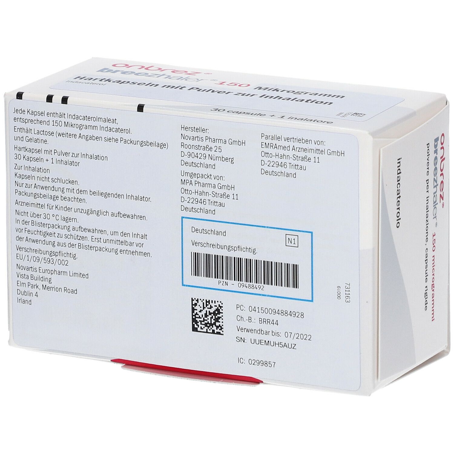 Rückseite der Schachtel mit Produktinformationen. Enthält Informationen zu Hersteller, Chargennummer und Verfallsdatum.