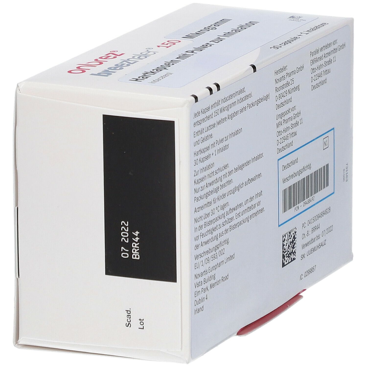 Seitenansicht der Schachtel mit Produktinformationen. Enthält Informationen zum Verfallsdatum und Chargennummer.