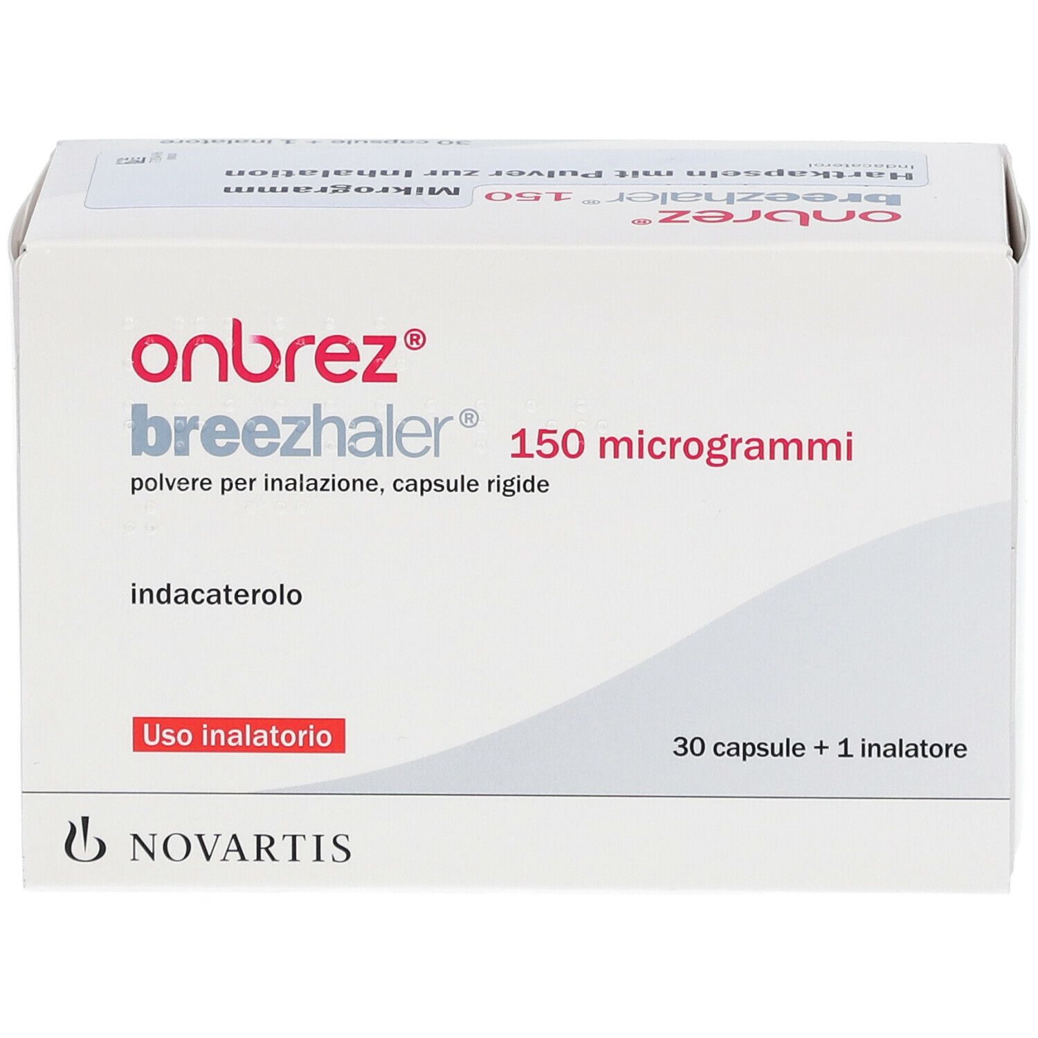 Schachtel mit Produktnamen und Dosierung. Aufschrift: Onbrez Breezhaler 150 Mikrogramm. Enthält 30 Kapseln + 1 Inhalator.