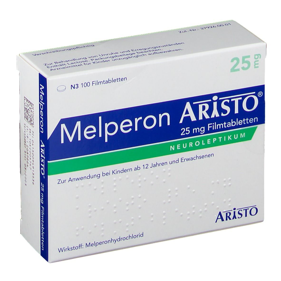 Schachtel Melperon Aristo 25 mg Filmtabletten. Verpackung mit Produktnamen, Dosierung und Herstellerinformationen.
