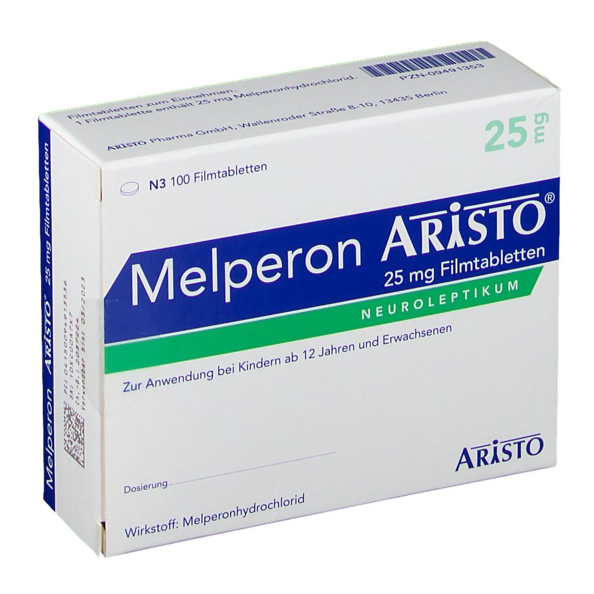 Schachtel Melperon Aristo 25 mg Filmtabletten. Verpackung mit Produktnamen, Dosierung und Herstellerinformationen.