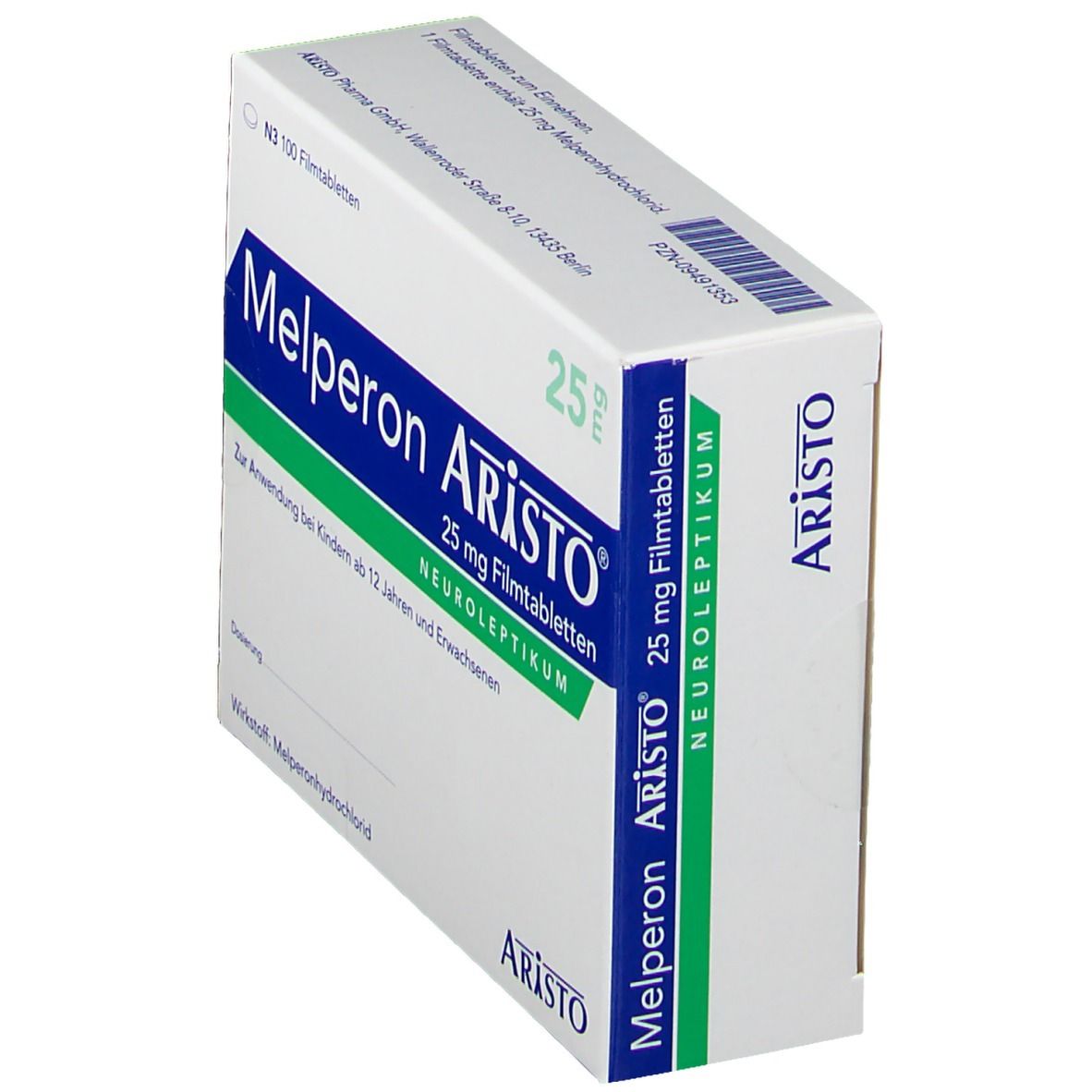 Schachtel Melperon Aristo 25 mg Filmtabletten. Verpackung mit Produktnamen, Dosierung und Herstellerinformationen.