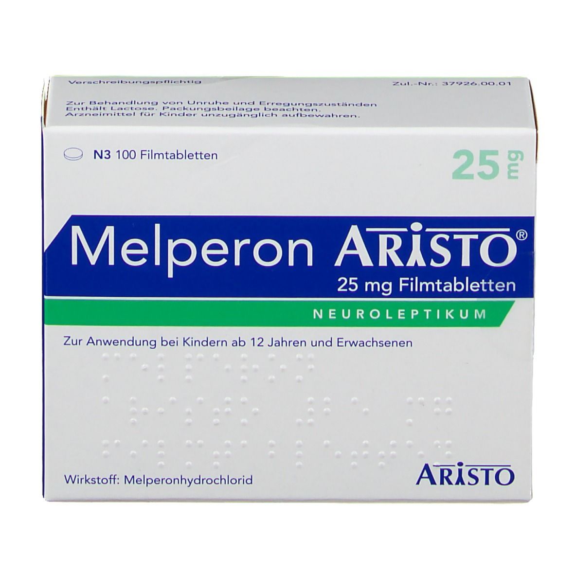 Schachtel Melperon Aristo 25 mg Filmtabletten. Verpackung mit Produktnamen, Dosierung und Herstellerinformationen.