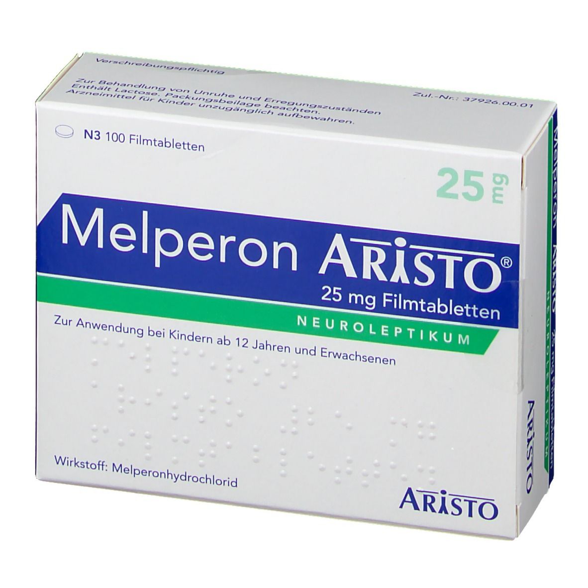 Schachtel Melperon Aristo 25 mg Filmtabletten. Verpackung mit Produktnamen, Dosierung und Herstellerinformationen.