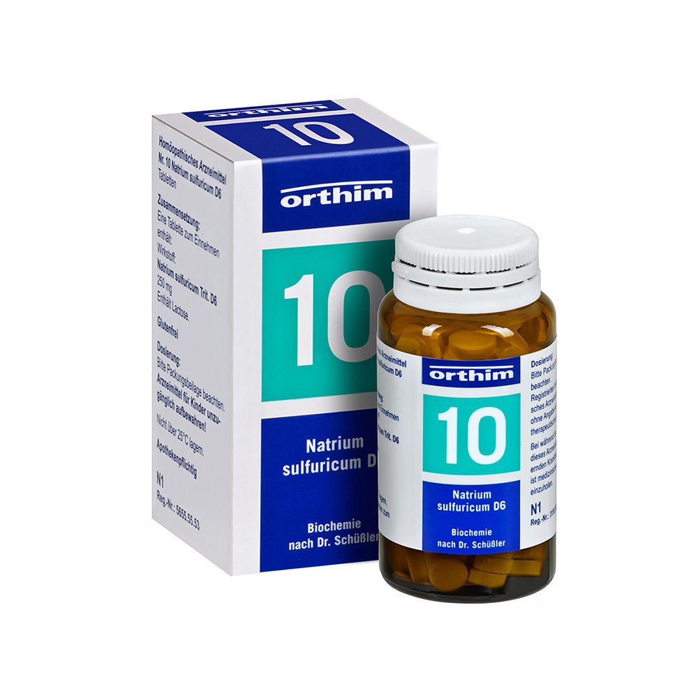 Braune Tabletten in einer Glasflasche und Karton. Aufschrift: orthim 10 Natrium sulfuricum D6.