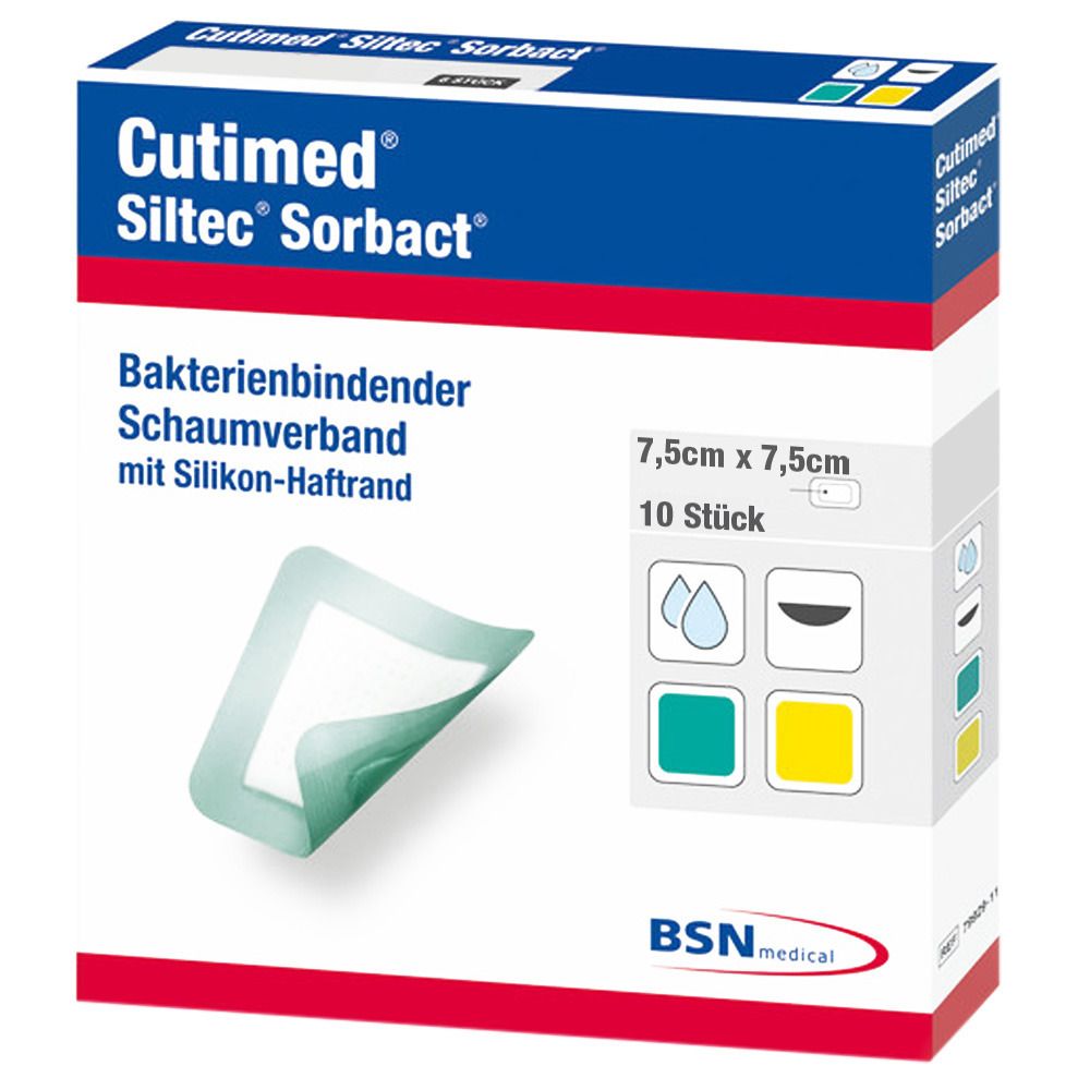 Verpackung von Cutimed Siltec Sorbact. Enthält 10 Stück 7,5 cm x 7,5 cm Wundauflagen. Mit Silikon-Haftrand. BSN medical Logo.
