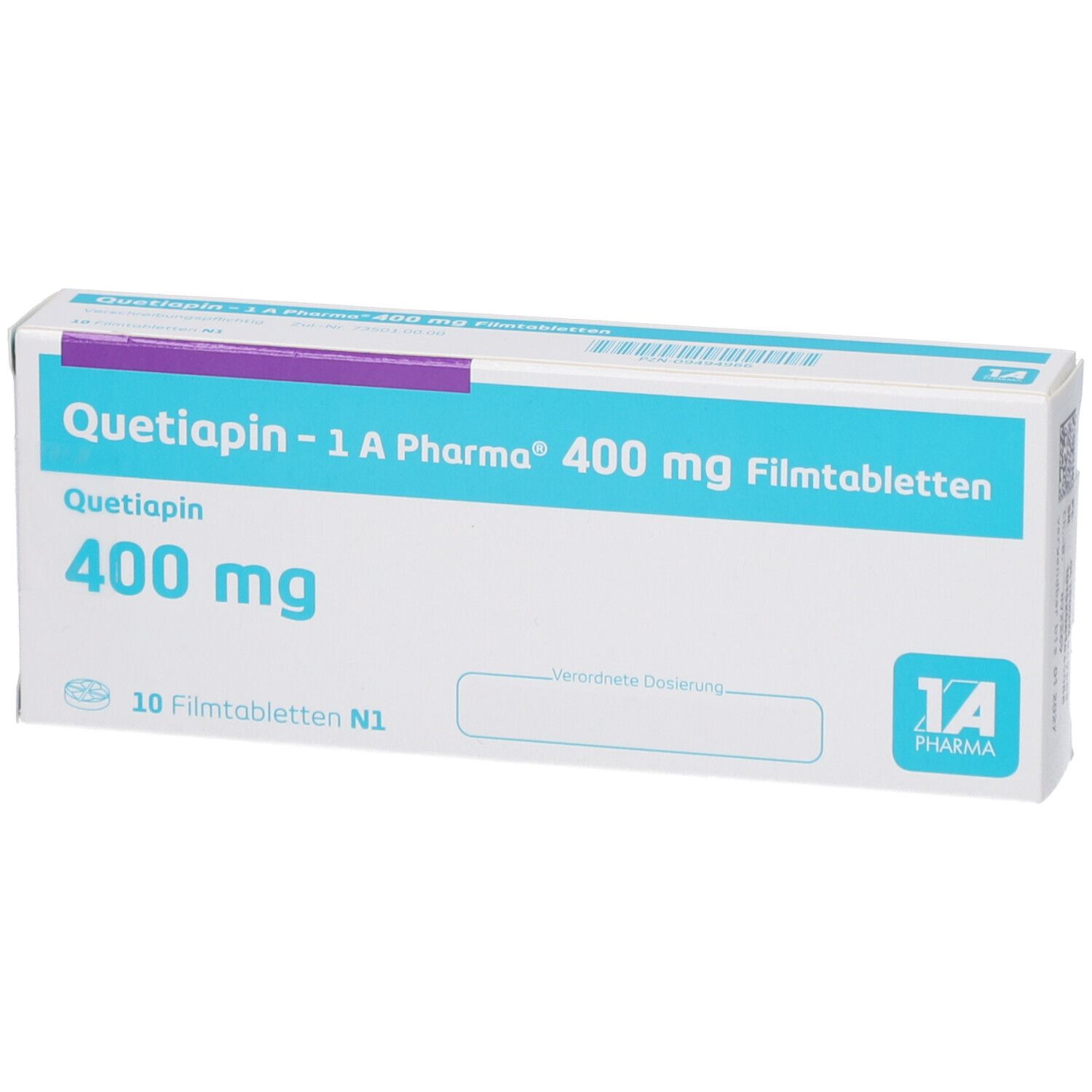 Schachtel mit QUETIAPIN-1A Pharma 400 mg Filmtabletten. Aufschrift: 400 mg, 10 Filmtabletten. Logo 1A Pharma.