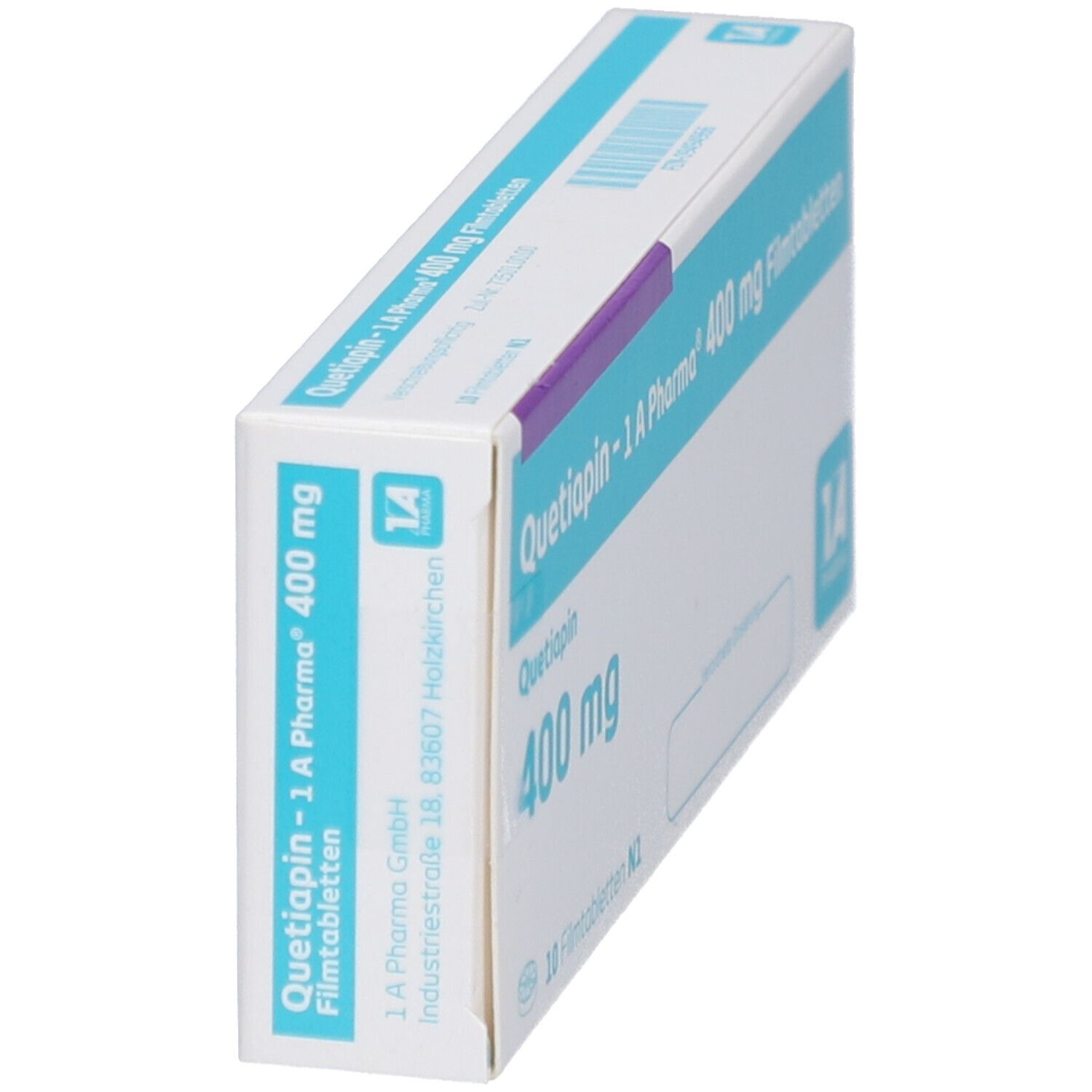 Schräg gestellte Schachtel QUETIAPIN-1A Pharma 400 mg Filmtabletten. Aufschrift: 400 mg, 10 Filmtabletten. Logo 1A Pharma.