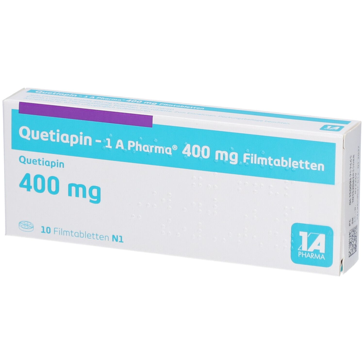 Schachtel mit QUETIAPIN-1A Pharma 400 mg Filmtabletten. Aufschrift: 400 mg, 10 Filmtabletten. Logo 1A Pharma.