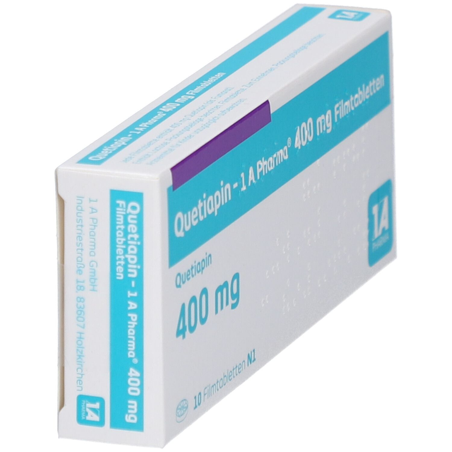 Schräg gestellte Schachtel QUETIAPIN-1A Pharma 400 mg Filmtabletten. Aufschrift: 400 mg, 10 Filmtabletten. Logo 1A Pharma.