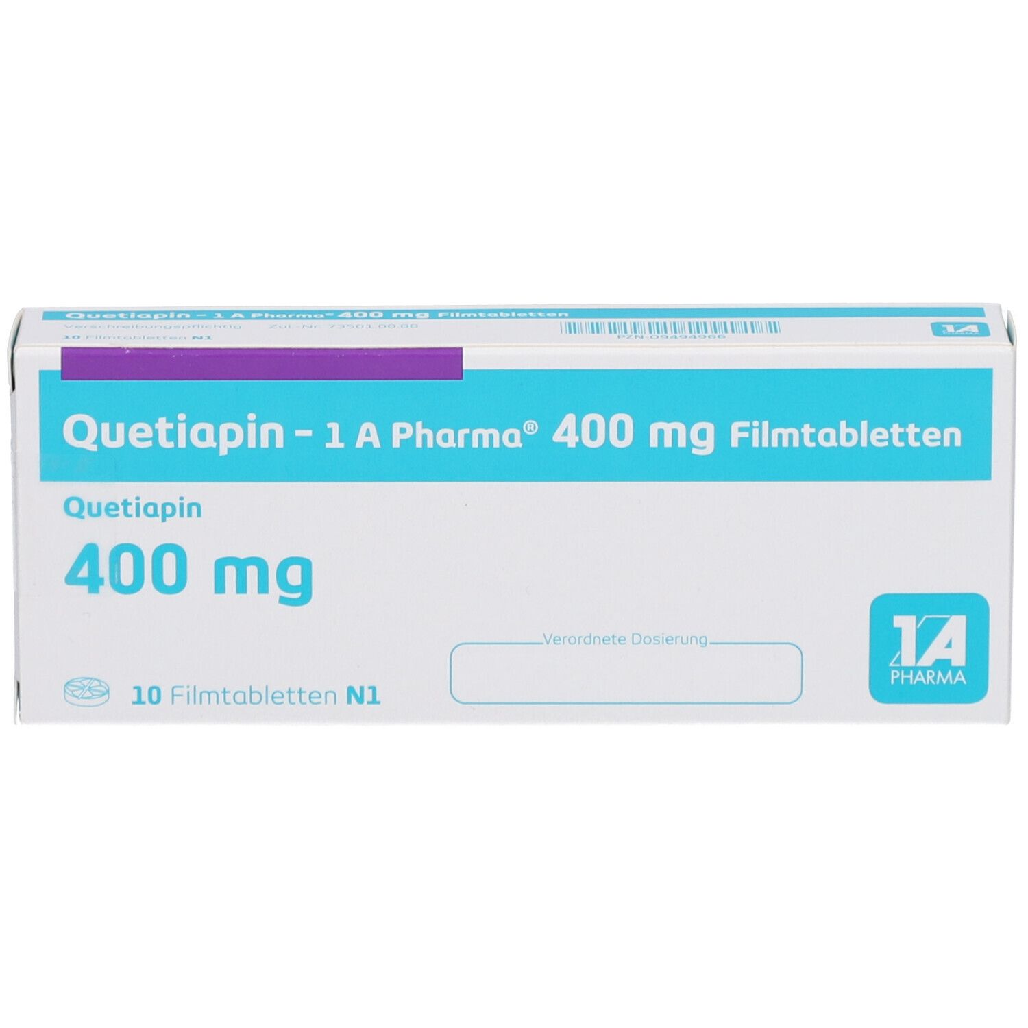 Schachtel mit QUETIAPIN-1A Pharma 400 mg Filmtabletten. Aufschrift: 400 mg, 10 Filmtabletten. Logo 1A Pharma.